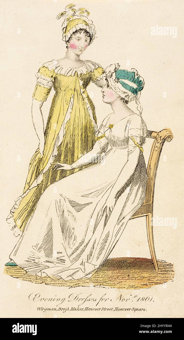 Fashion Plate, Abendkleider für Novr. 1801“ für „Lady's Monthly Magazine“. England, London, 1801. Drucke; Gravuren. Handkolorierte Gravur auf Papier Stockfoto