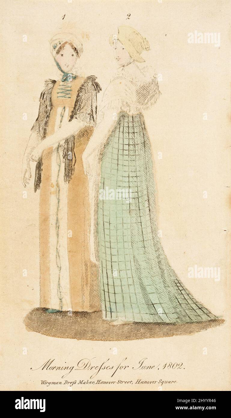 Fashion Plate, „Morgenkleider für Juni 1802“ für „Lady's Monthly Magazine“. England, London, 1802. Drucke; Gravuren. Handkolorierte Gravur auf Papier Stockfoto