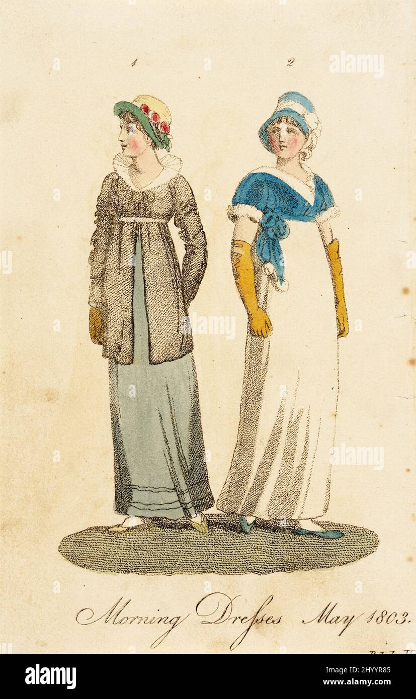 Fashion Plate, „Morning Dresses May 1803“ für „Lady's Monthly Magazine“. England, London, 1803. Drucke; Gravuren. Handkolorierte Gravur auf Papier Stockfoto