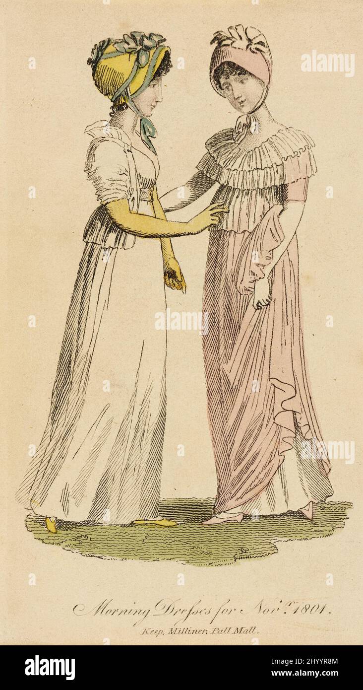 Fashion Plate, „Morning Dresses for Novr. 1801“ für „Lady's Monthly Magazine“. England, London, 1801. Drucke; Gravuren. Handkolorierte Gravur auf Papier Stockfoto