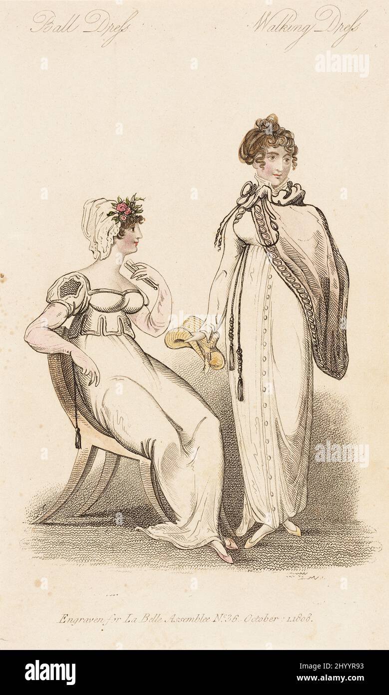 Modeteller, „Ballkleid mit Gehkleid“ für „La Belle Assemblée“. John Bell (England, 1745 - 1831). England, London, 1. Oktober 1808. Drucke; Gravuren. Handkolorierte Gravur auf Papier Stockfoto