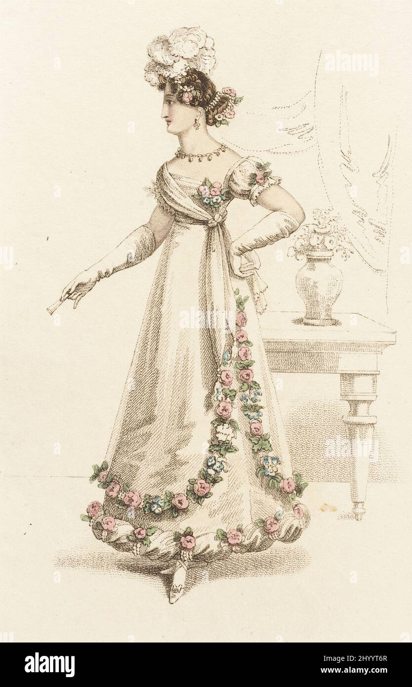 Modeteller (Ballkleid). John Bell (England, 1745 - 1831). England, London, 1. April 1821. Drucke; Gravuren. Handkolorierte Gravur auf Papier Stockfoto