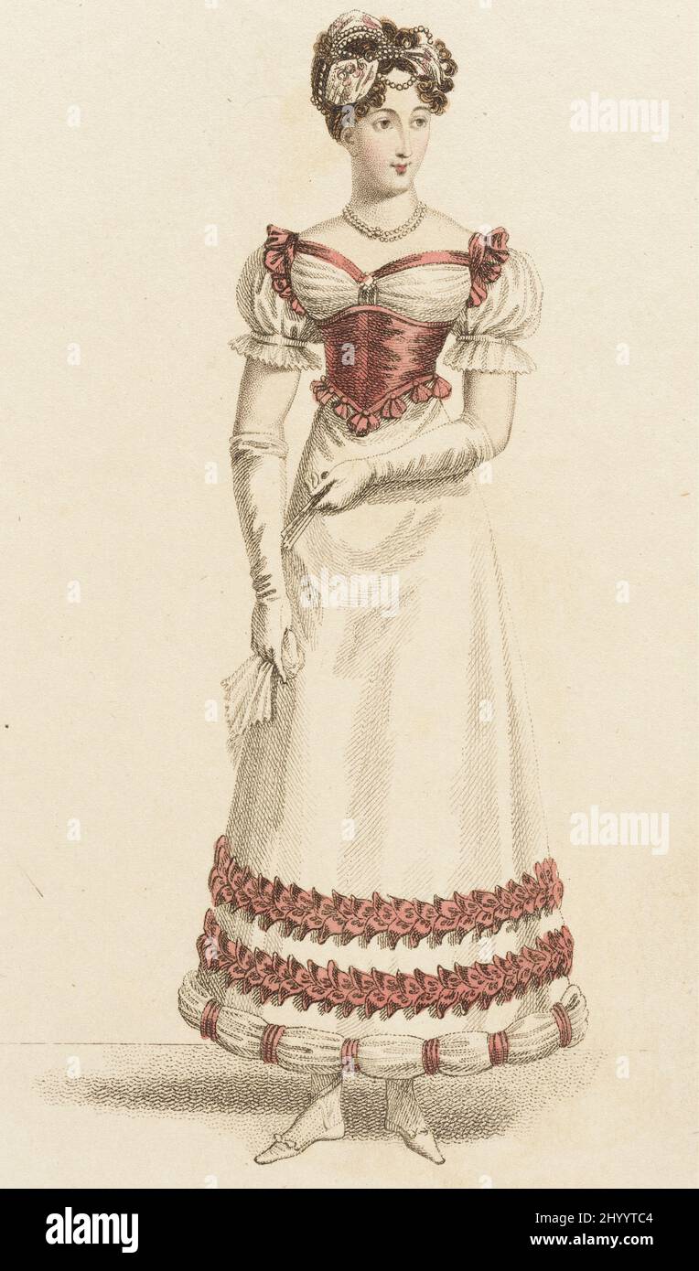 Modeteller (Pariser Ballkleid). John Bell (England, 1745 - 1831). England, London, Februar 1821. Drucke; Gravuren. Handkolorierte Gravur auf Papier Stockfoto
