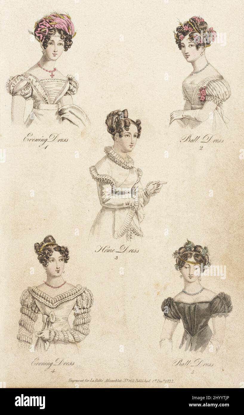 Modeteller, „Abendkleid/Ballkleid/Heimkleid/Abendkleid/Ballkleid“ für „La Belle Assemblée“. John Bell (England, 1745 - 1831). England, London, 1. Dezember 1822. Drucke; Gravuren. Handkolorierte Gravur auf Papier Stockfoto