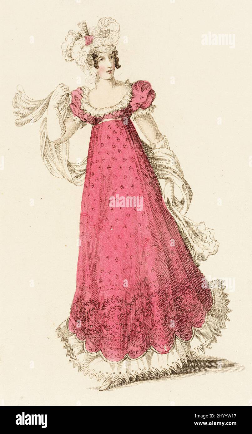 Modeteller, „Ballkleid“ für „La Belle Assemblée“. John Bell (England, 1745 - 1831). England, London, 1. Februar 1819. Drucke; Gravuren. Handkolorierte Gravur auf Papier Stockfoto