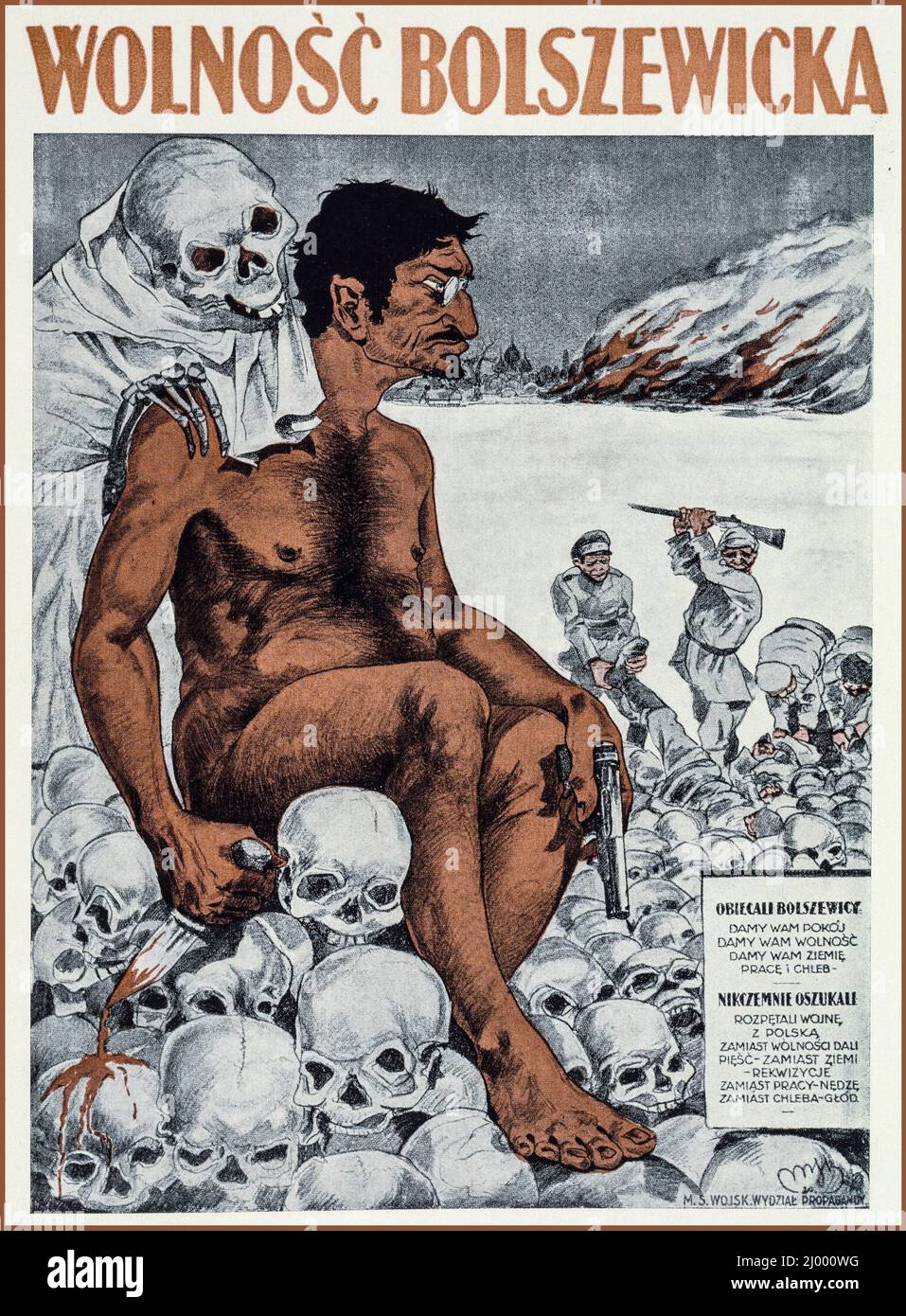 Vintage Propaganda Poster 1920 Trotzki, dargestellt von der polnischen Propaganda (1920) als blutgetränkter Bolschewik während des polnisch-russischen Krieges von 1920. Antikommunistisches Plakat der polnischen Regierung zur Bekämpfung der bolschewistischen Propaganda aus Russland während des polnisch-russischen Krieges 1920 Stockfoto