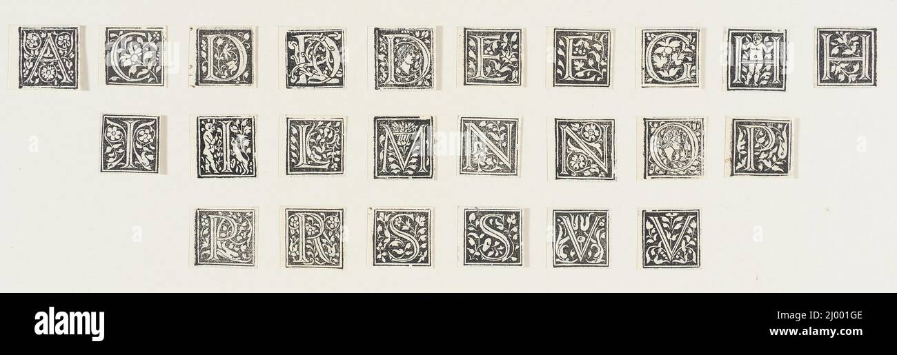 Vierundzwanzig Zierbuchstaben (A, C, D, E, G, H, I, L, M, N, O, P, R, S, V). Italien, veröffentlicht 1497. Drucke; Holzschnitte. Holzschnitt Stockfoto