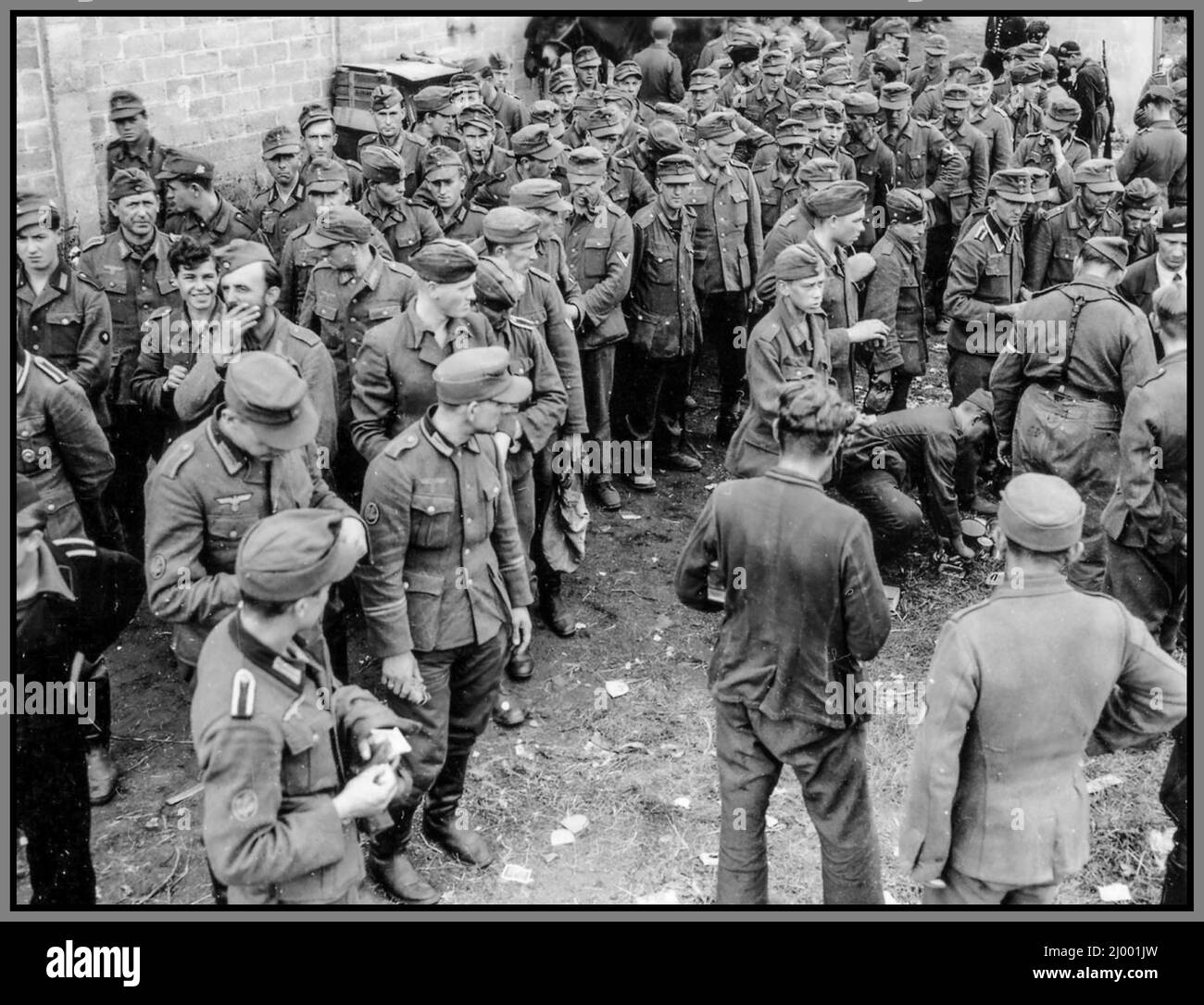 Nazi-deutsche Kriegsgefangene aus dem Jager-Regiment 229 der 101. Division der Nazi-Wehrmacht, gefangen genommen von Einheiten der US 7. Army in Nevers, Frankreich. 13. September 1944 nach der alliierten Invasion am D-Day im Juni 1944 war der Hauptanliegen der Deutschen Jäger Divisionen der Kampf in widrigem Gelände, wo kleinere, koordinierte Einheiten leichter kampffähig waren als die Brute-Truppe der Standard-Infanterie-Divisionen. Stockfoto