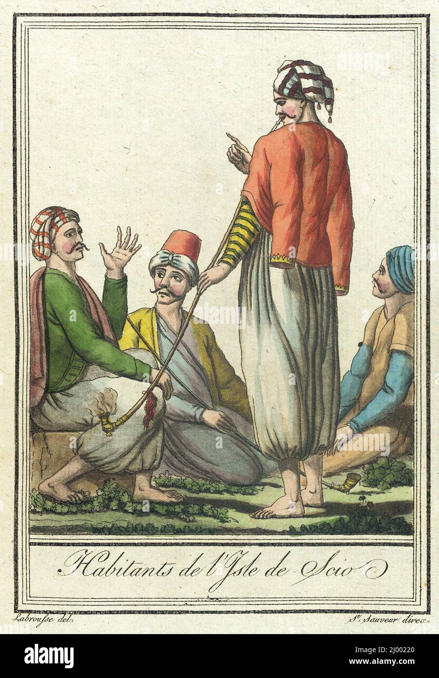 Kostüme von différents Pays, 'Habitants de l'Isle de Scio'. L. F. Labrousse (Frankreich, Bordeaux, aktiv Ende 18.. Jahrhundert)Jacques Grasset de Saint-Sauveur (Frankreich, 1757-1810). Frankreich, um 1797. Drucke; Gravuren. Handgetönte Gravur auf Papier Stockfoto