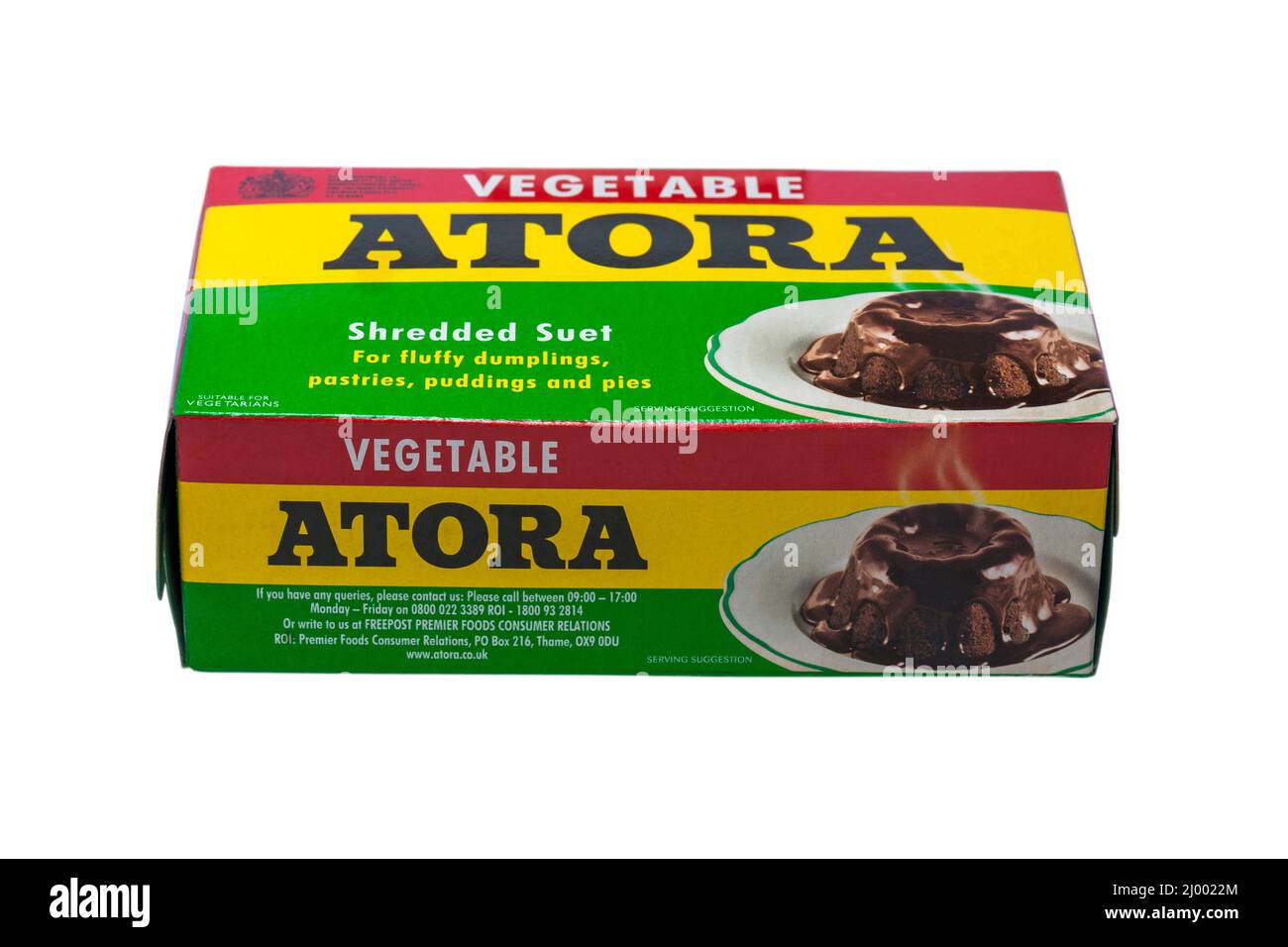 Schachtel Atora Gemüsezerkleinertes Suet auf weißem Hintergrund - geeignet für Vegetarier - für flauschige Knödel, Gebäck, Pudding und Kuchen Stockfoto