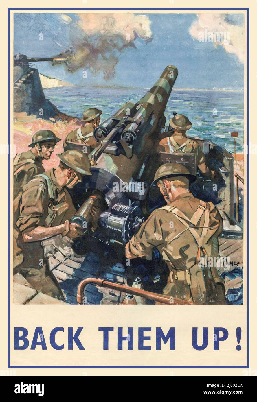 WW2 Britisches Propagandaplakat 'CUNEO', das die Waffen-Batterie der Verteidigung an der Südküste Englands mit weißen Klippen von Dover im Hintergrund illustriert. Aus einer Reihe britischer Propagandaposter, die „Back Them Up“ im Zweiten Weltkrieg 2 auftitelten Stockfoto