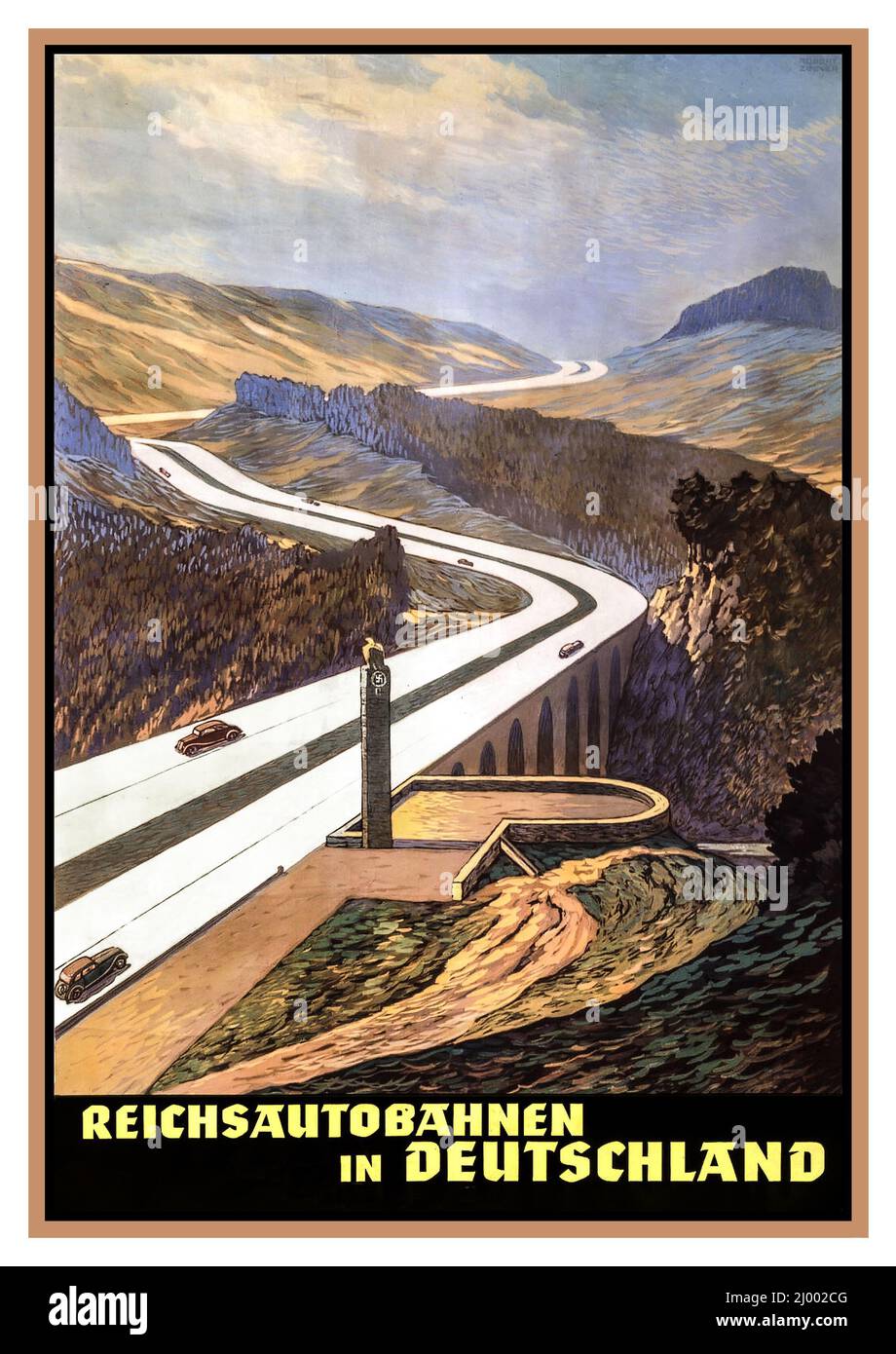 1930er Jahre Vintage Nazi Deutschland Autobahn Reise Poster Poster der Reichsbahn Autobahn Zentrale für den deutschen Touristenverkehr Berlin, Deutschland 1936 die Hirschberg Saale Brücke wurde in Nazi-Propagandaplakaten mit dem Hakenkreuz auf einem Rastplatz-Pfeiler für das deutsche Autobahn-Autobahnsystem vorgestellt Stockfoto