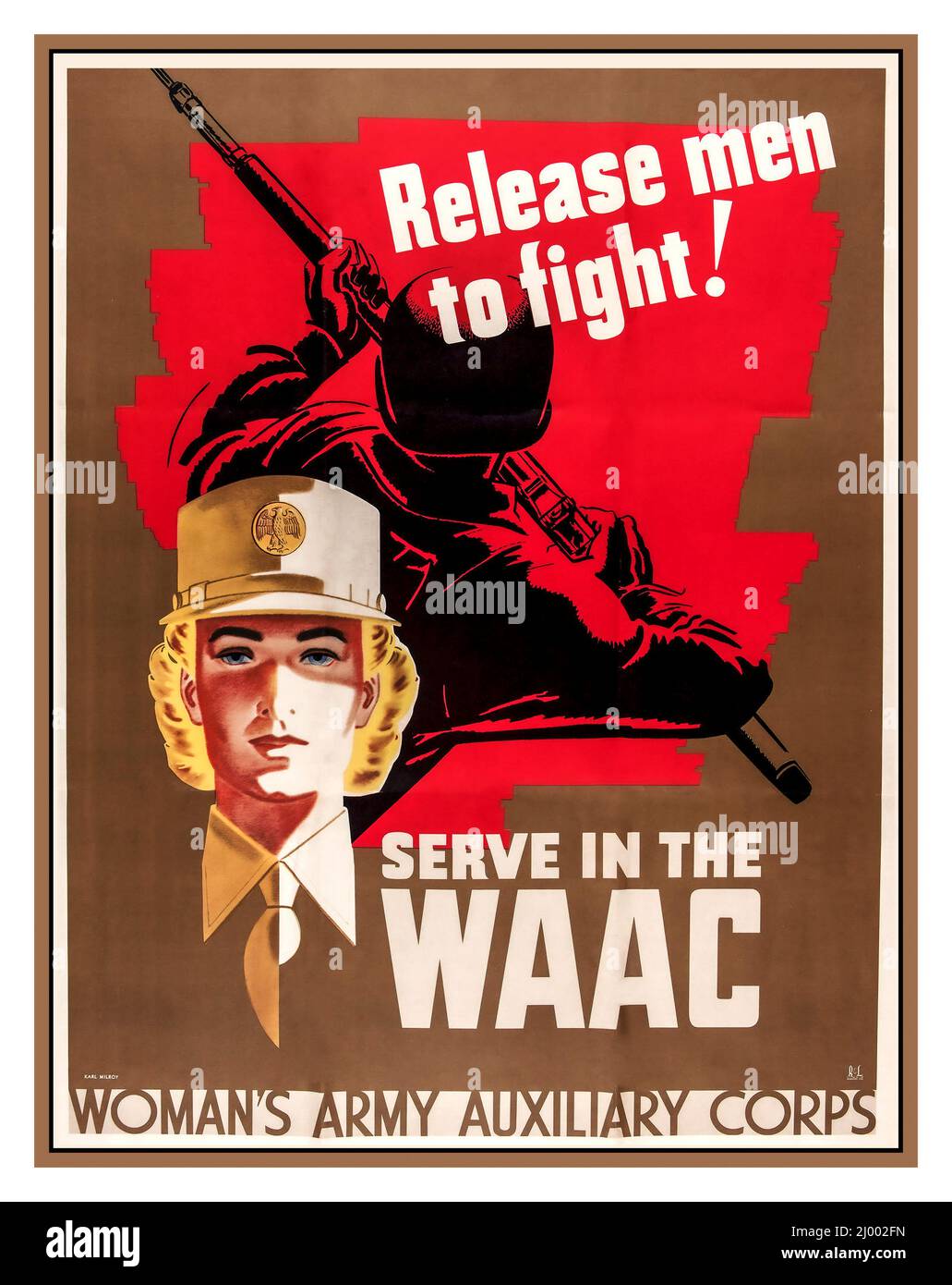 WW2 1942 USA US-amerikanisches Rekrutierungsplakat 'Männer zum Kampf freilassen' 'DIENST IN DER WAAC' Hilfskorps der Frauenarmee Vereinigte Staaten von Amerika Zweiter Weltkrieg Stockfoto