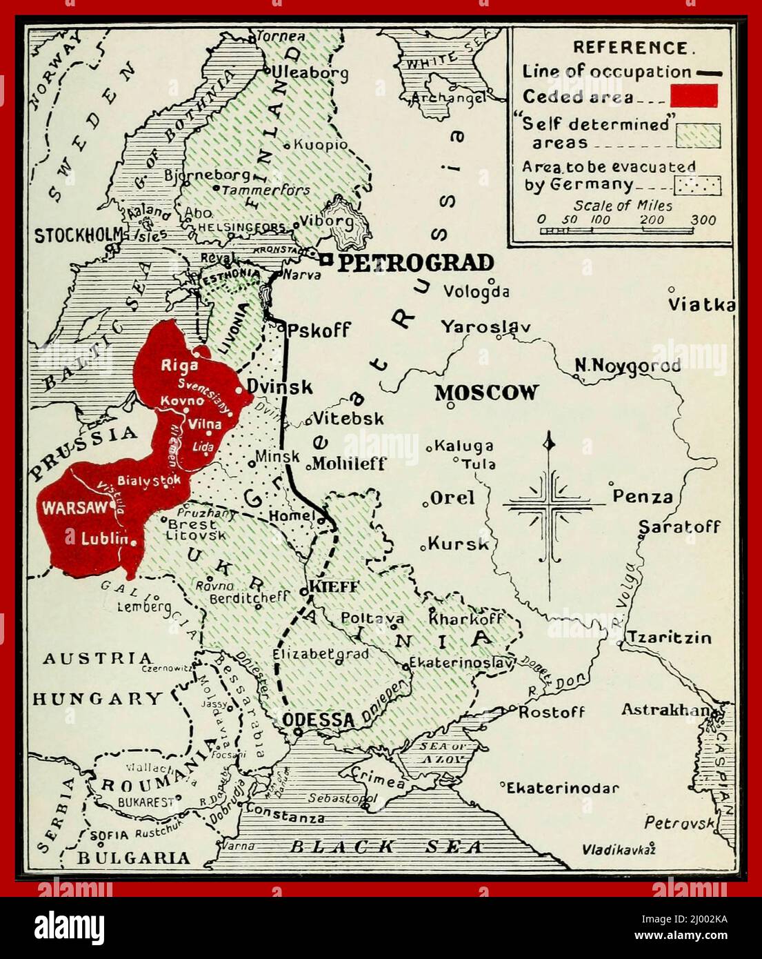 Jahrgang 1918 Karte Ukraine Russland der Vertrag von Brest-Litowsk (in Russland auch als Brest-Vertrag bekannt) war ein separater Friedensvertrag, der am 3. März 1918 zwischen der neuen bolschewistischen Regierung Russlands und den Zentralmächten (Deutsches Reich, Österreich-Ungarn, Bulgarien und Osmanisches Reich) unterzeichnet wurde, Das beendete die Teilnahme Russlands am Ersten Weltkrieg.der Vertrag wurde in Brest-Litowsk (polnisch: Brześć Litewski; seit 1945 Brest, jetzt im modernen Weißrussland) nach zwei Monaten Verhandlungen unterzeichnet. Der Vertrag wurde von den Russen vereinbart, um eine weitere Invasion zu stoppen. Stockfoto