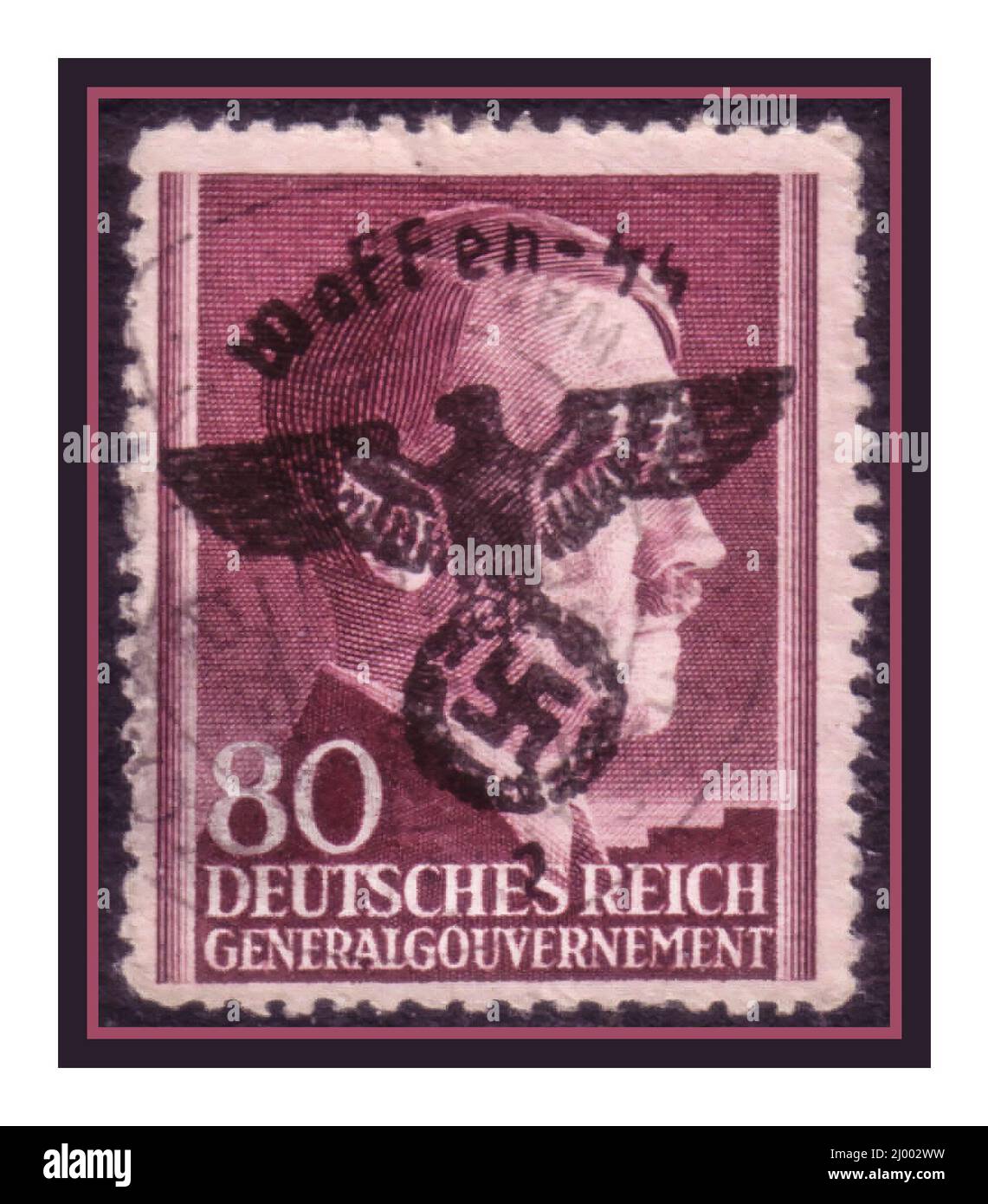 1940s Nazi-Briefmarke Waffen SS-Postmarke auf Deutschen Reich Generalregierung Briefmarke auf 80 Reichspfennigen mit Porträt Adolf Hitlers hinter dem Zweiten Weltkrieg Stockfoto