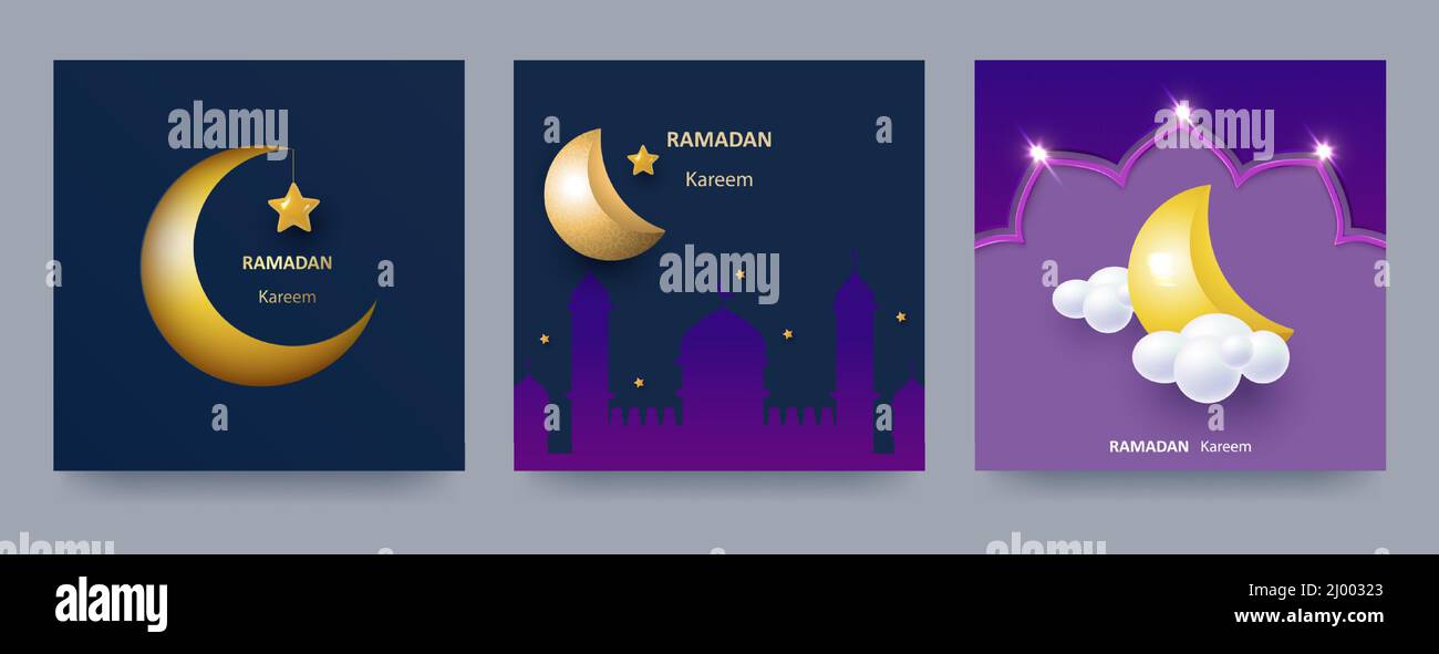 Ramadan Kareem Poster oder Einladungsset mit 3D islamischen Moscheen, Sternen und Halbmond auf blauem und hellem Hintergrund. Stock Vektor