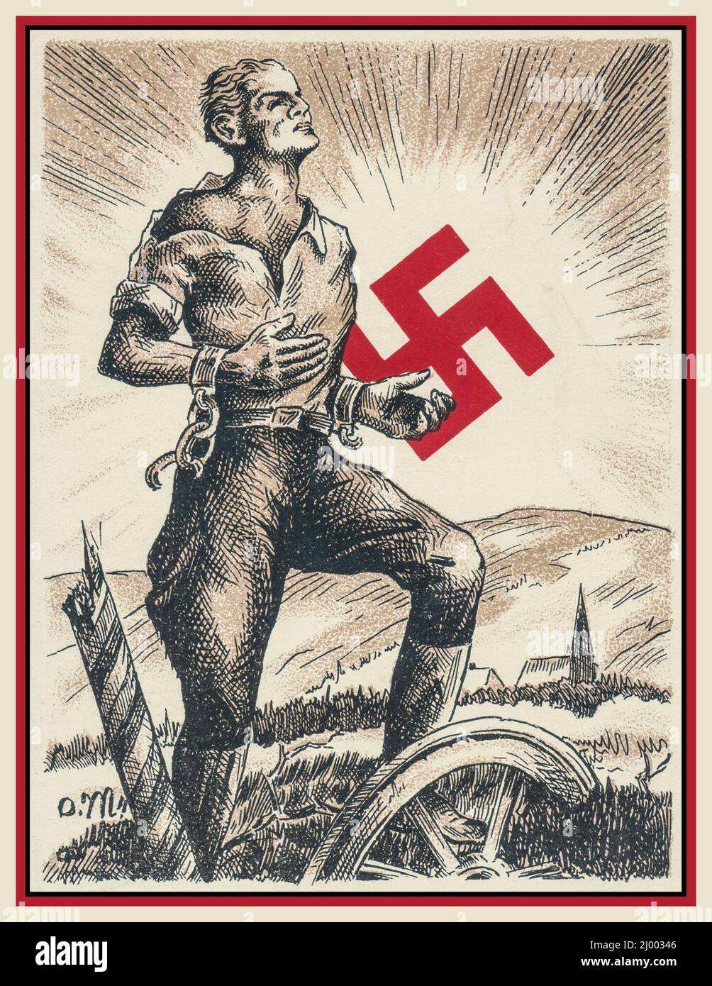 1930s Nazi-Propagandaposterkarte, auf der eine gesunde, blonde, arierdeutsche Jugend die Bande von gestern durchbricht und in die Zukunft mit der deutschen Nazi-Partei blickt. Die Swastika wird als symbolische aufgehende, futuristisch leuchtende Sonne dargestellt. Nazi-Deutschland Stockfoto