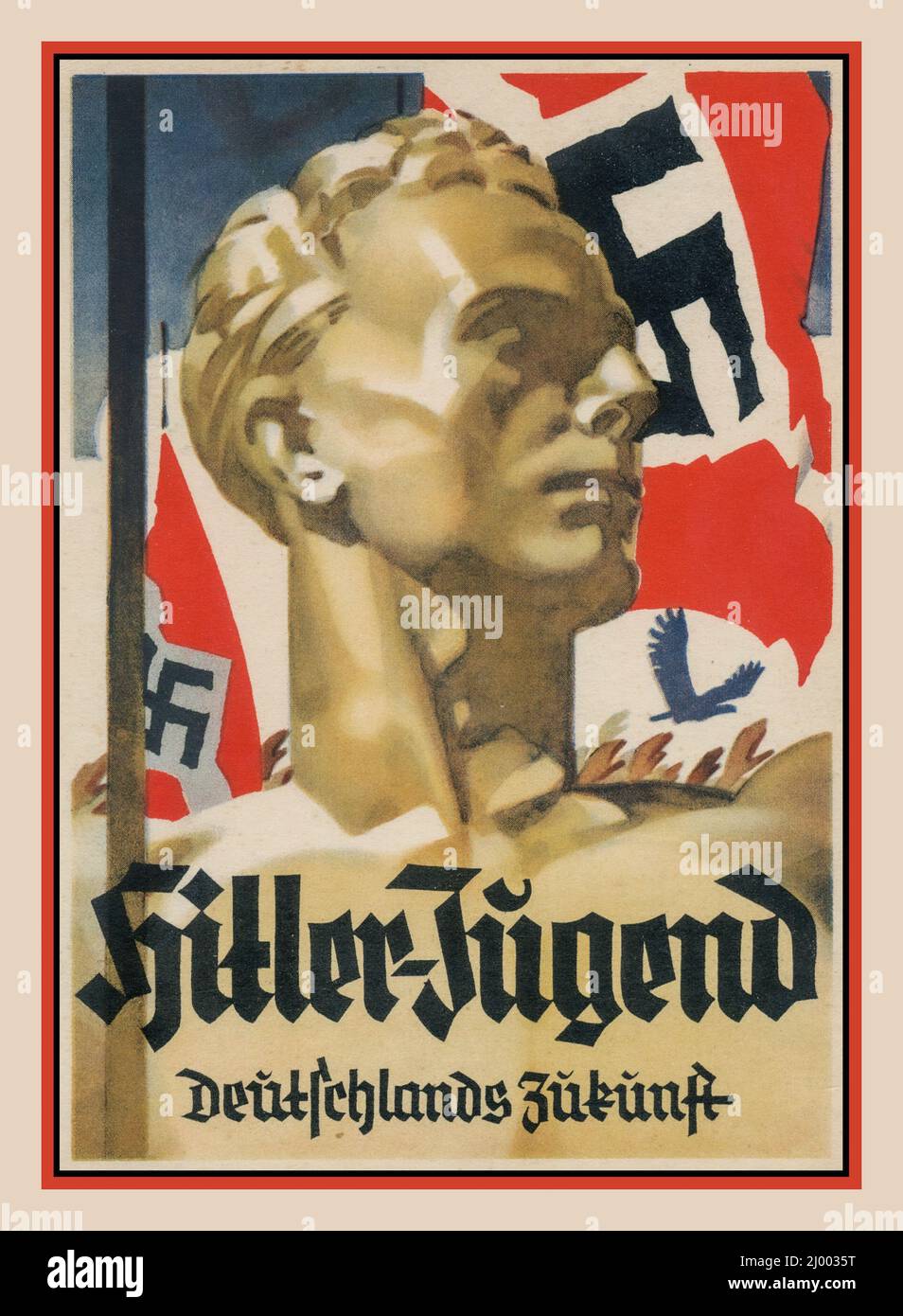Nazi Hitler-Jugend 1930s Nazi Deutschland Hitler Jugend Propagandakarte Plakat mit Hakenkreuzflagge und dem Titel HITLER-JUGEND Deutschlands Zukunft. Die blonde, arianische Jugend war das perfekte Nazi-Deutschland-Ideal Stockfoto
