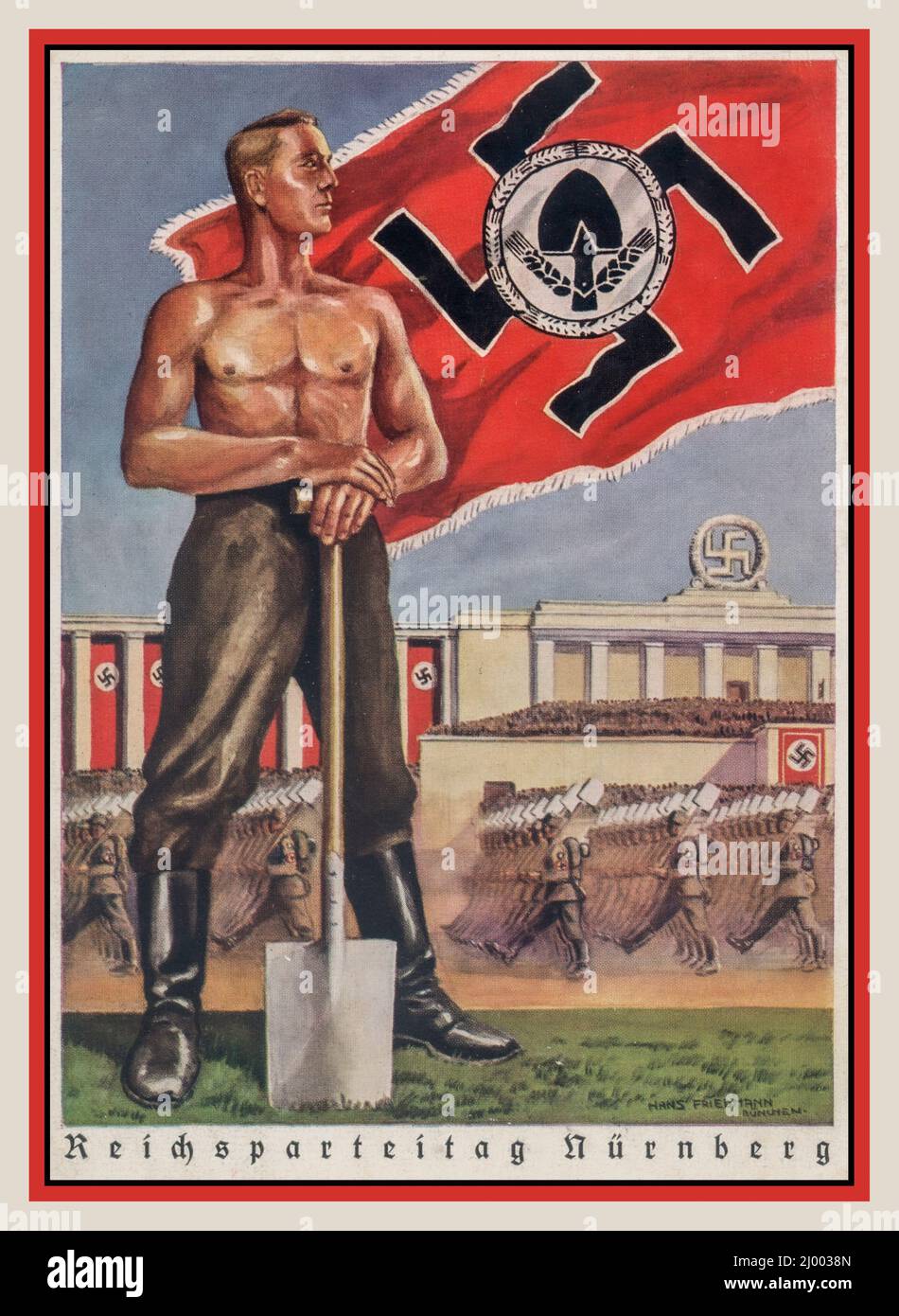 Rad Vintage Nazi Propaganda Poster Card 1938 'Nürnberger Parteitag' (Reichsparteitag Nürnberg). Plakat mit einem Mitglied des Reichsarbeitsdienstes (Rad), dem Rad-Hakenkreuz-und-Schaufel-Emblem und der Nürnberger Kundgebung dahinter; Propaganda der NSDAP Stockfoto