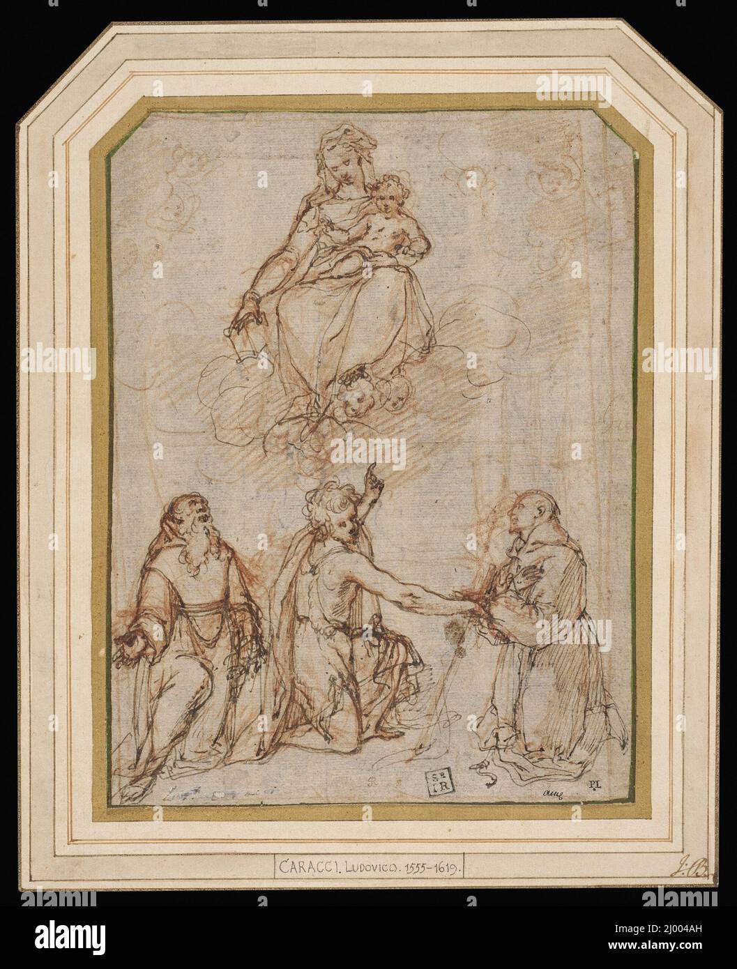 Madonna mit Kind mit SS. Benedikt, Johannes der Täufer und Franziskus. Bartolomeo Cesi (Italien, tätig 1591-1598, 1556-1629). Italien, ca. 1595-1598. Zeichnungen. Stift und braune Tinte über roter Kreide auf verblichenem blauem Papier Stockfoto