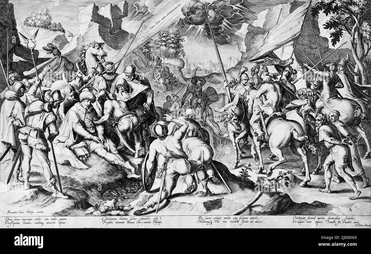 Die Bekehrung des heiligen Paulus. Zacharias Dolendo (Holland, Leiden, 1561-1573-vor 1604)Jacques de Gheyn II (Flandern, Antwerpen, 1565-1629). Holland, 1595-1596. Drucke; Gravuren. Gravur Stockfoto