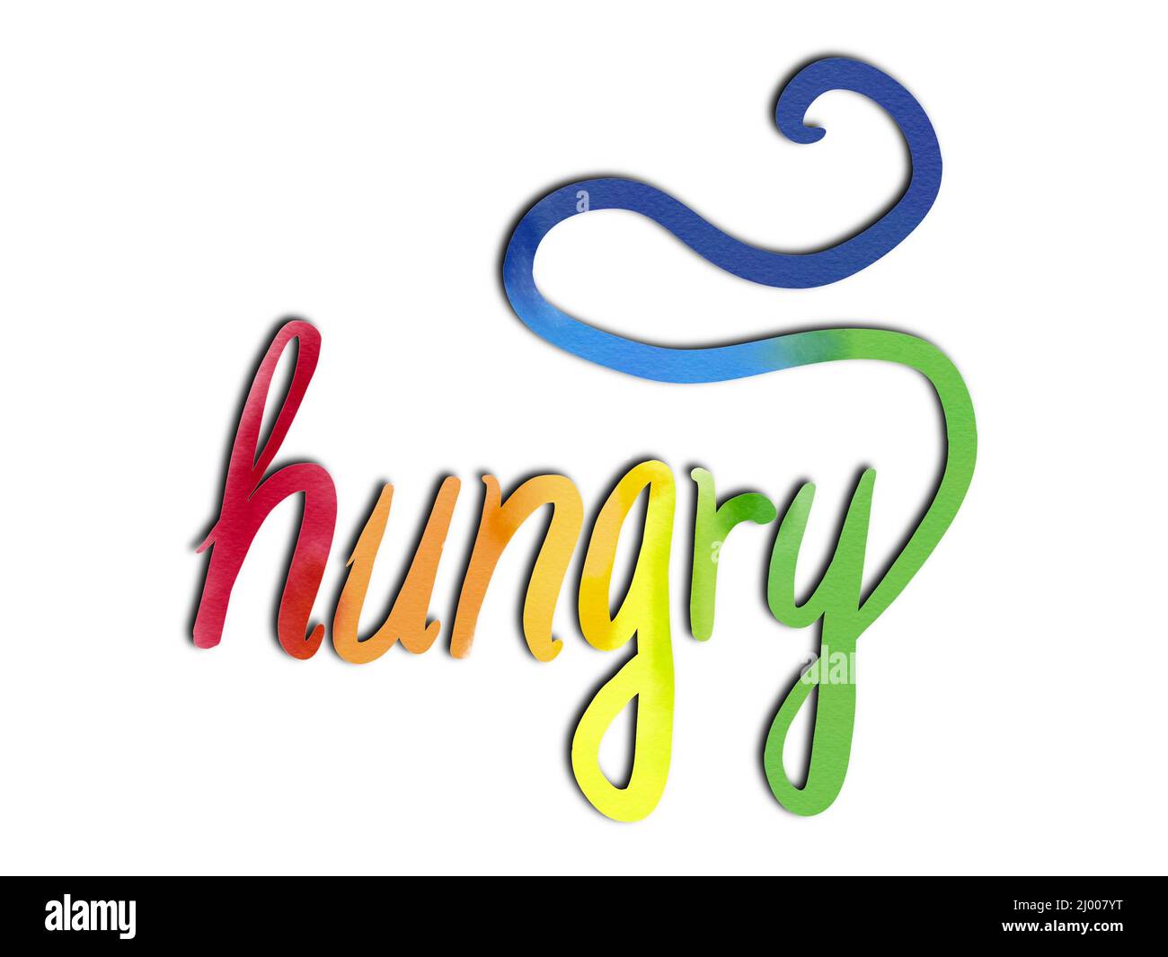 Hungriger Regenbogen Wortschriftzug - Aquarell mit Schatten Stockfoto