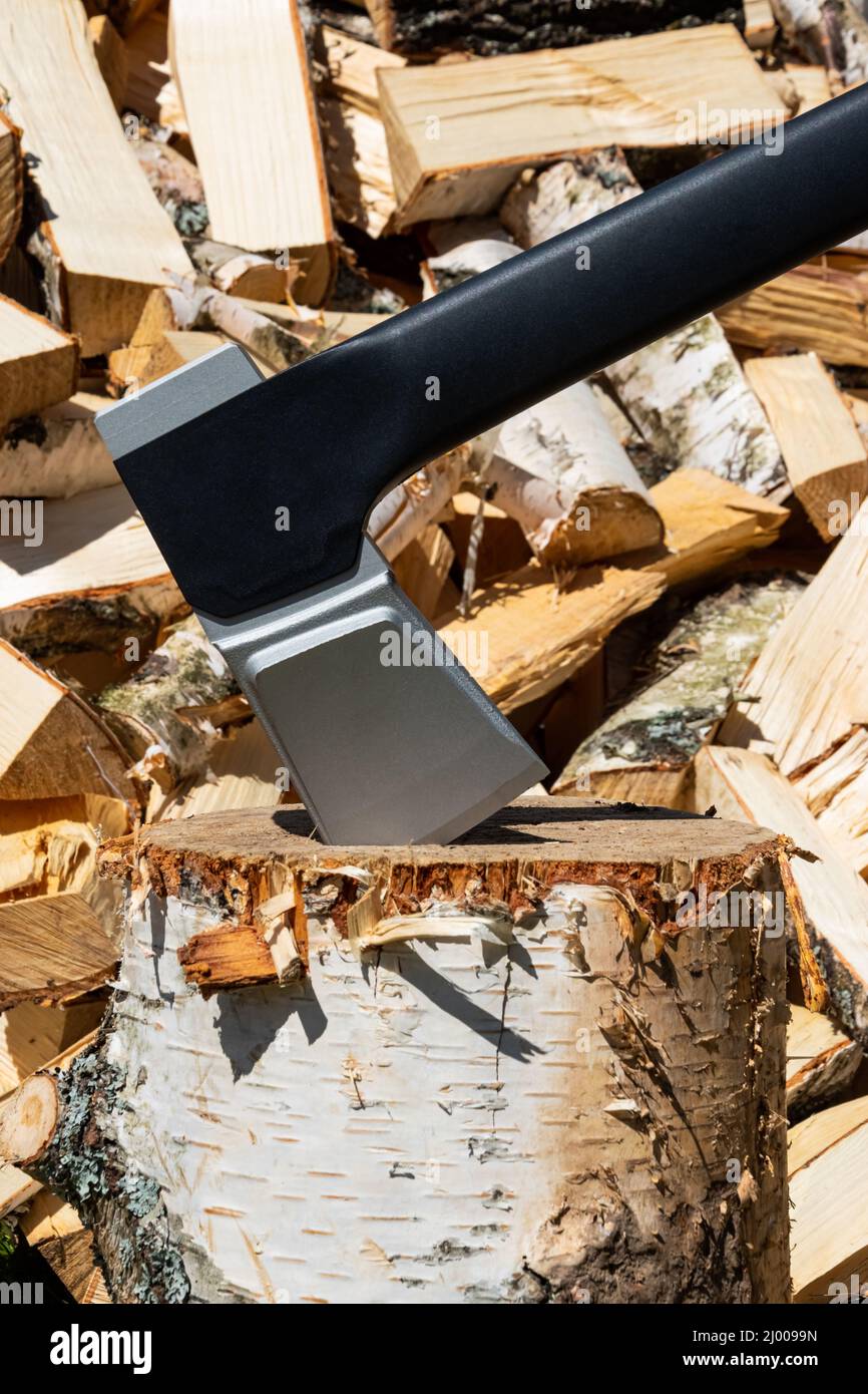 Eine Axt steckte in einem Holzstumpf vor einem Hintergrund von durchbrochenen Baumstämmen. Stockfoto