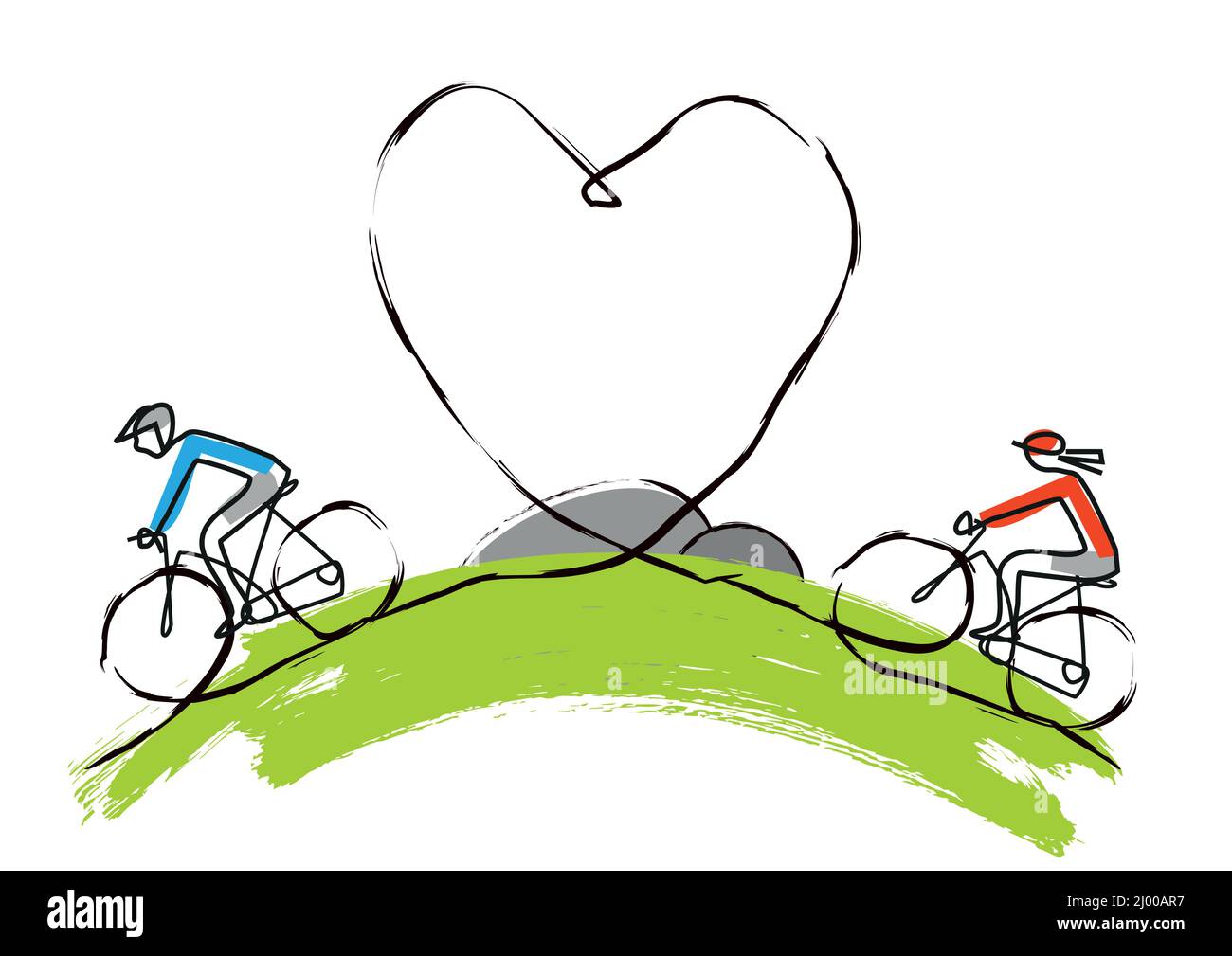 Radfahrer in der Liebe, Mountainbike, Linie Kunst stilisierte Karikatur. Bunte Illustration von zwei Radfahrern auf einem Hügel mit Herz. Hochzeitseinladung. Stock Vektor