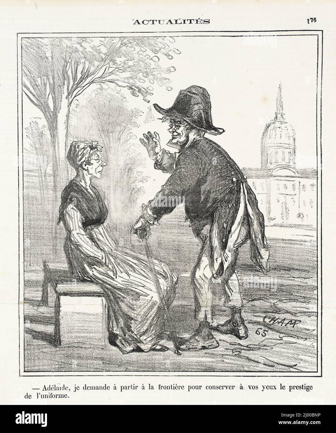 Adélaide, je demande à partir à la frontière pour conserver à vos yeux le Prestige de l'uniforme.. Cham (Graf Amédée-Charles-Henry de Noé) (Frankreich, Paris, 1819-1879). Frankreich, 1870. Drucke; Lithographien. Lithographie Stockfoto