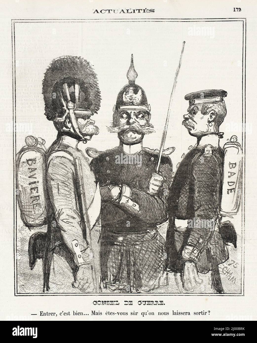 Conseil de Guerre. Entrer, c'est bien, Mais êtes vous sur qu'on nous laissera sortir.. Cham (Graf Amédée-Charles-Henry de Noé) (Frankreich, Paris, 1819-1879). Frankreich, 1870. Drucke; Lithographien. Lithographie Stockfoto