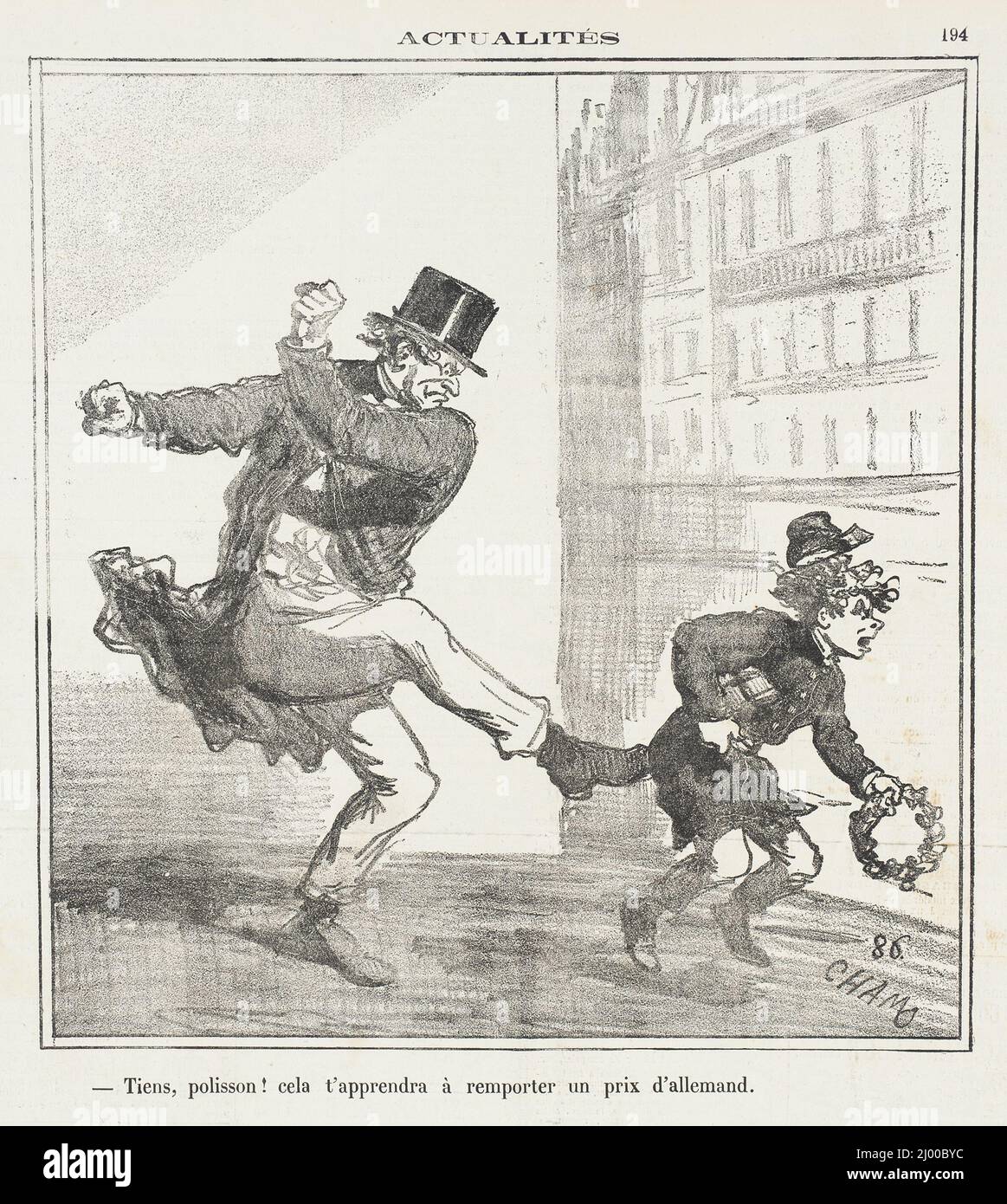 Tien, Polisson! Cela t'apprendra à remporter un prix d'allemand... Cham (Graf Amédée-Charles-Henry de Noé) (Frankreich, Paris, 1819-1879). Frankreich, 1870. Drucke; Lithographien. Lithographie Stockfoto