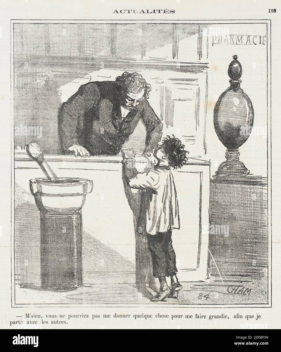 M'sieu, vous ne pourriez pas me donner quelque chose pour me faire grandir, afin que je parte avec les autres.. Cham (Graf Amédée-Charles-Henry de Noé) (Frankreich, Paris, 1819-1879). Frankreich, 1870. Drucke; Lithographien. Lithographie Stockfoto