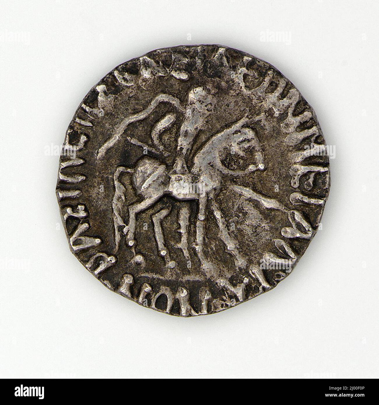 Münze von Vonones. Indien, um 100-65 v. Chr. Werkzeuge und Ausrüstung; Münzen. Silber Stockfoto