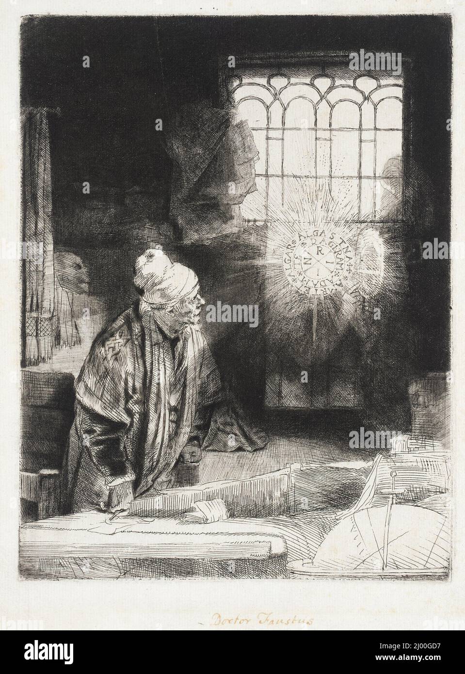 Ein Gelehrter in seiner Studie („Faust“). Rembrandt Harmensz. Van Rijn (Niederlande, Leiden, 1606-1669). Holland, c. 1652 (später gedruckt). Drucke; Radierungen. Ätzen, Gravieren und Trockenpunkt Stockfoto