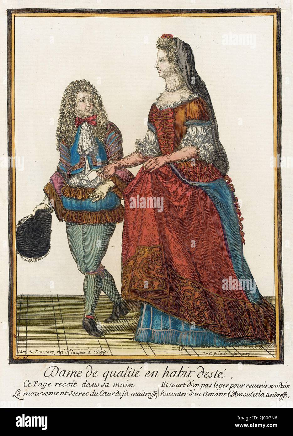 Recueil des Modes de la cour de France, „Dame de qualité en habit desté“. Nicolas Bonnart (Frankreich, 1637-1717). Frankreich, Paris, 1678-1693. Ausdrucke. Handkolorierte Gravur auf Papier Stockfoto