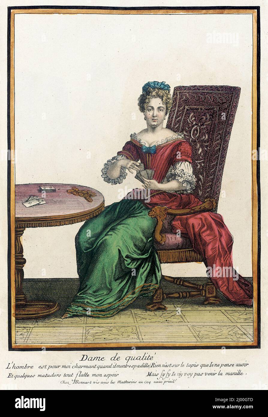 Recueil des Modes de la Cour de France, „Dame de qualité“. Henri Bonnart (Frankreich, 1642-1711). Frankreich, Paris, 1678-1693. Ausdrucke. Handkolorierte Gravur auf Papier Stockfoto