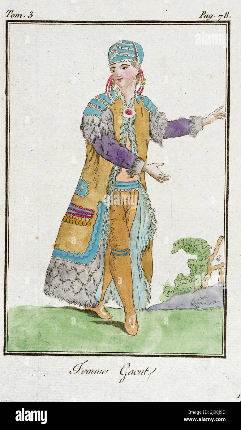 Kostümplatte (Femme Gacut). Jacques Grasset de Saint-Sauveur (Frankreich, 1757-1810). Frankreich, um 1805; Ende 18. bis Anfang 19. Jahrhundert. Zeichnungen. Handkolorierte Gravur Stockfoto