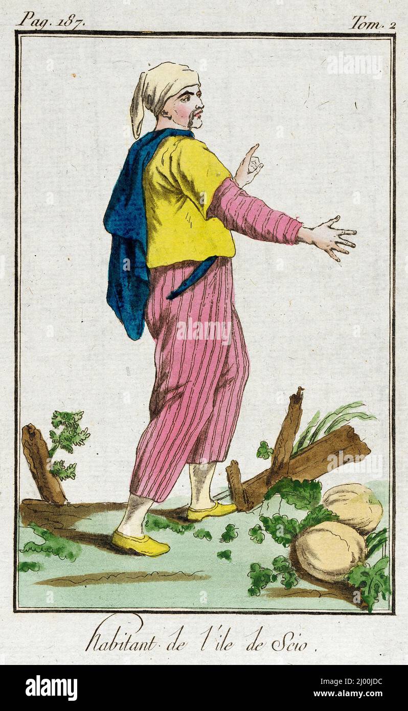 Kostümplatte (Habitant de l'Ile de Scio). Jacques Grasset de Saint-Sauveur (Frankreich, 1757-1810). Frankreich, Ende des 18.. Bis Anfang des 19.. Jahrhunderts. Zeichnungen. Handkolorierte Gravur Stockfoto