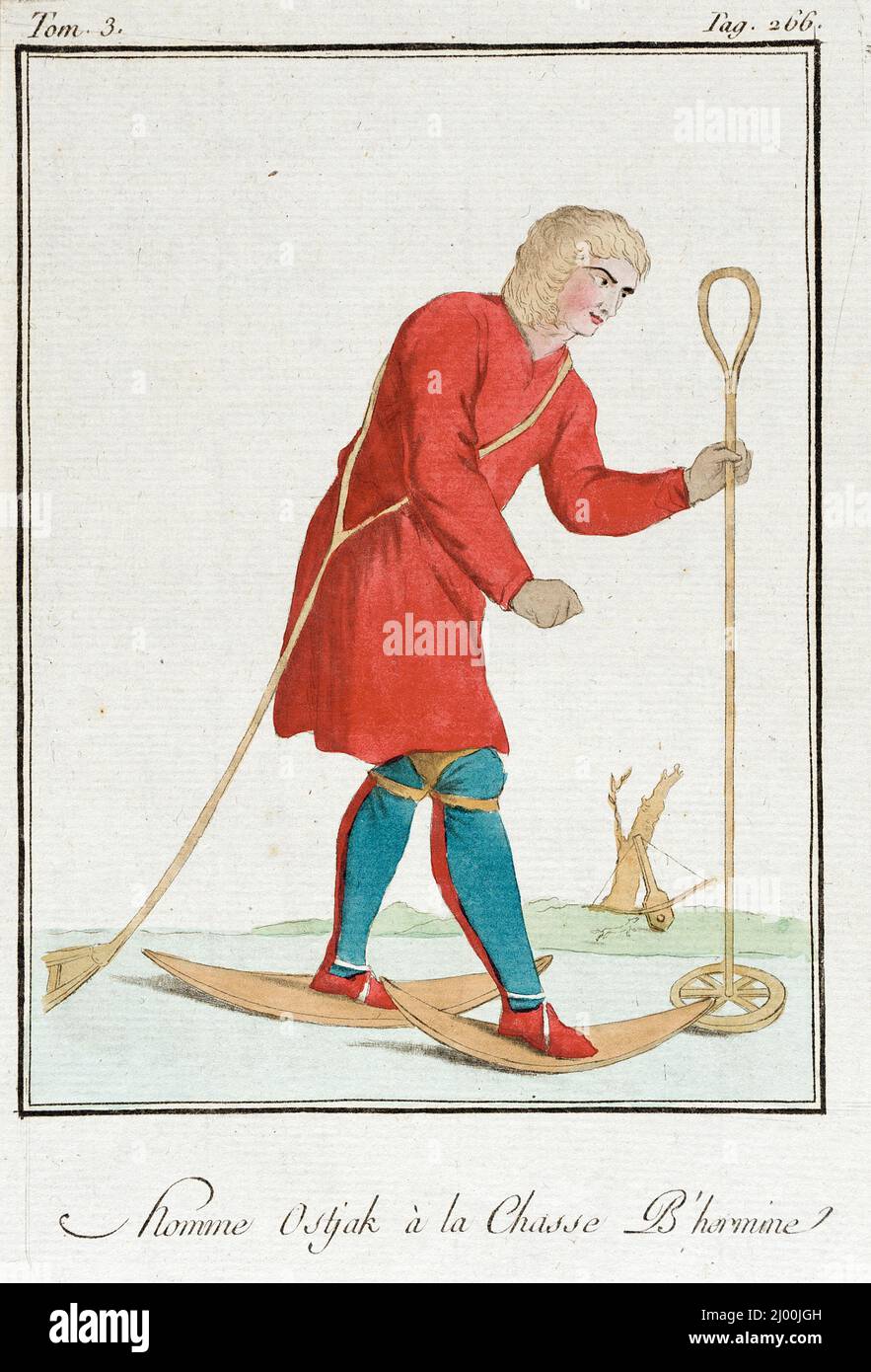 Kostümplatte (Homme Ostjak à la Chasse d'Hermine). Jacques Grasset de Saint-Sauveur (Frankreich, 1757-1810). Frankreich, Ende des 18.. Bis Anfang des 19.. Jahrhunderts. Zeichnungen. Handkolorierte Gravur Stockfoto