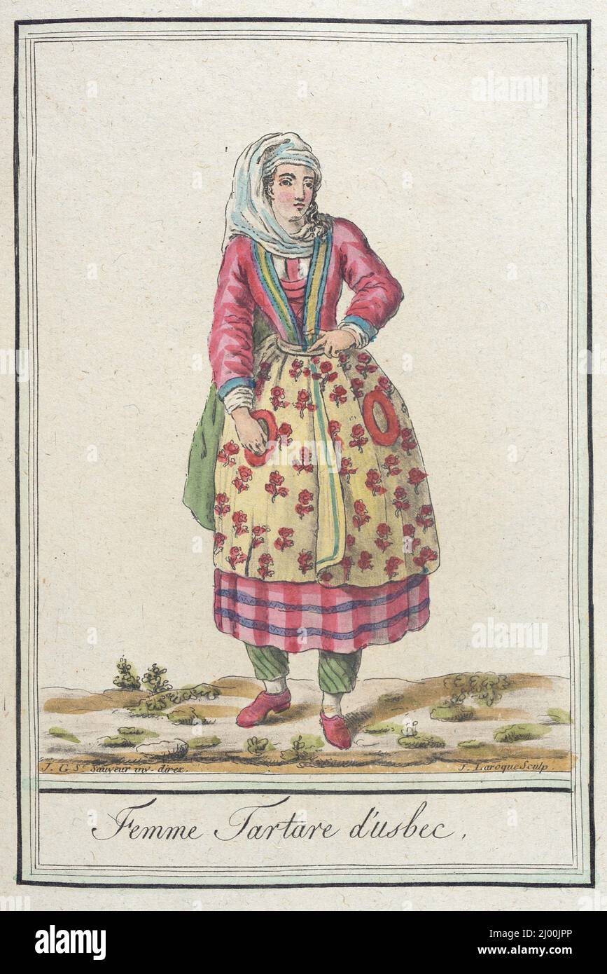 Kostüme von différents Pays, 'Femme Tartare d'Usbec'. L. F. Labrousse (Frankreich, Bordeaux, aktiv Ende 18.. Jahrhundert)Jacques Grasset de Saint-Sauveur (Frankreich, 1757-1810). Frankreich, um 1797. Drucke; Gravuren. Handgetönte Gravur auf Papier Stockfoto