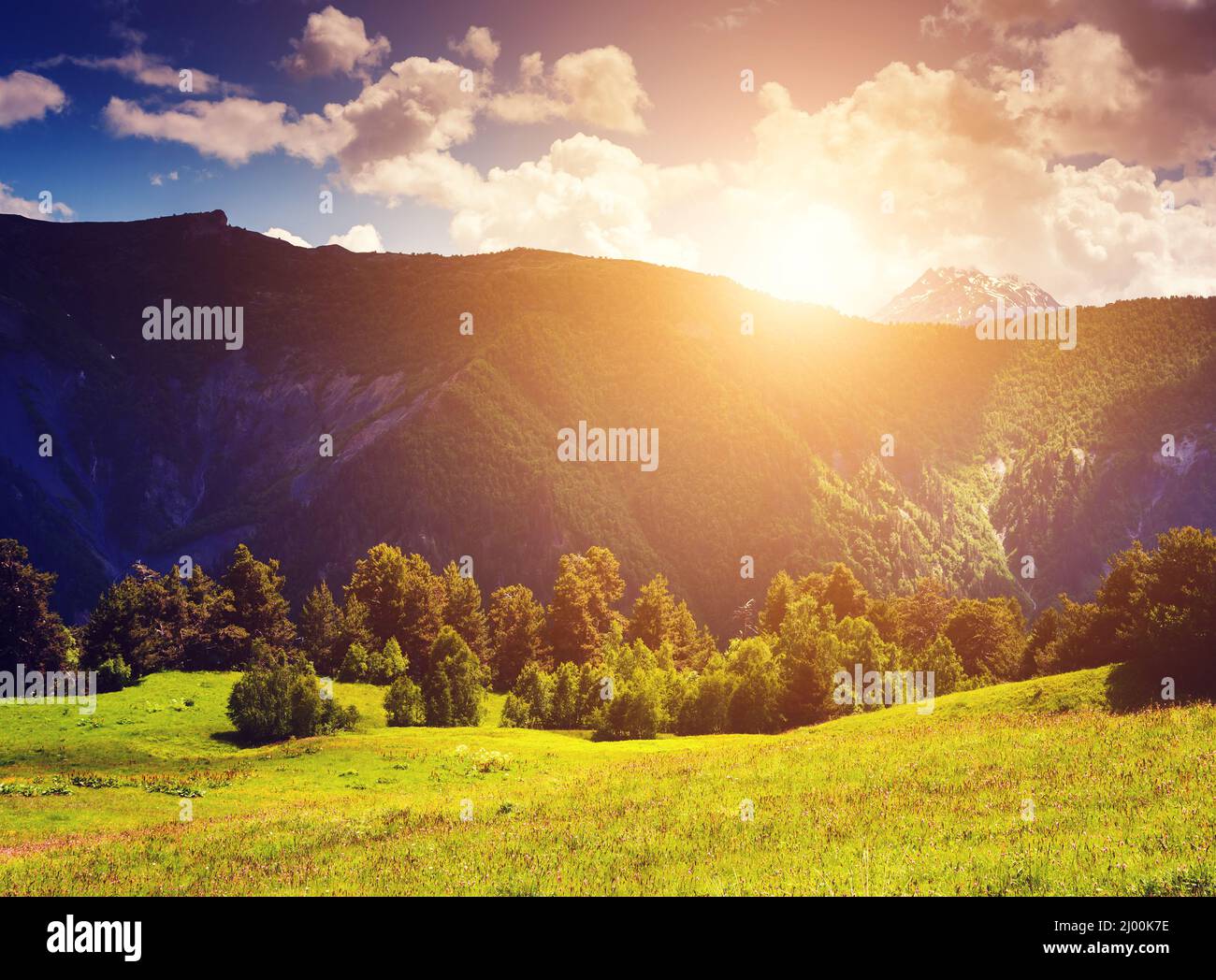 Lebendiges grünes Tal bei Tageslicht. Malerische und wunderschöne Morgenszene. Ort Ort Upper Svaneti, Georgien, Europa. Der Hauptkaukasische Rücken. Clim Stockfoto