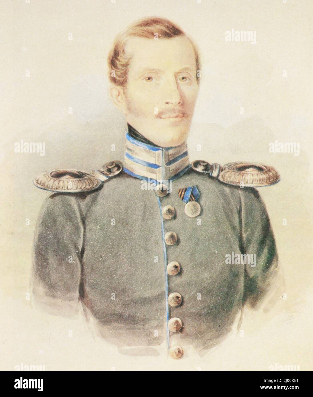 Porträt von Kapitän Panov - Kommandant der Furschtat-Halbkompanie des Husaren-Regiments der Rettungsgarde der russischen Armee. Gemälde von 1838. Stockfoto