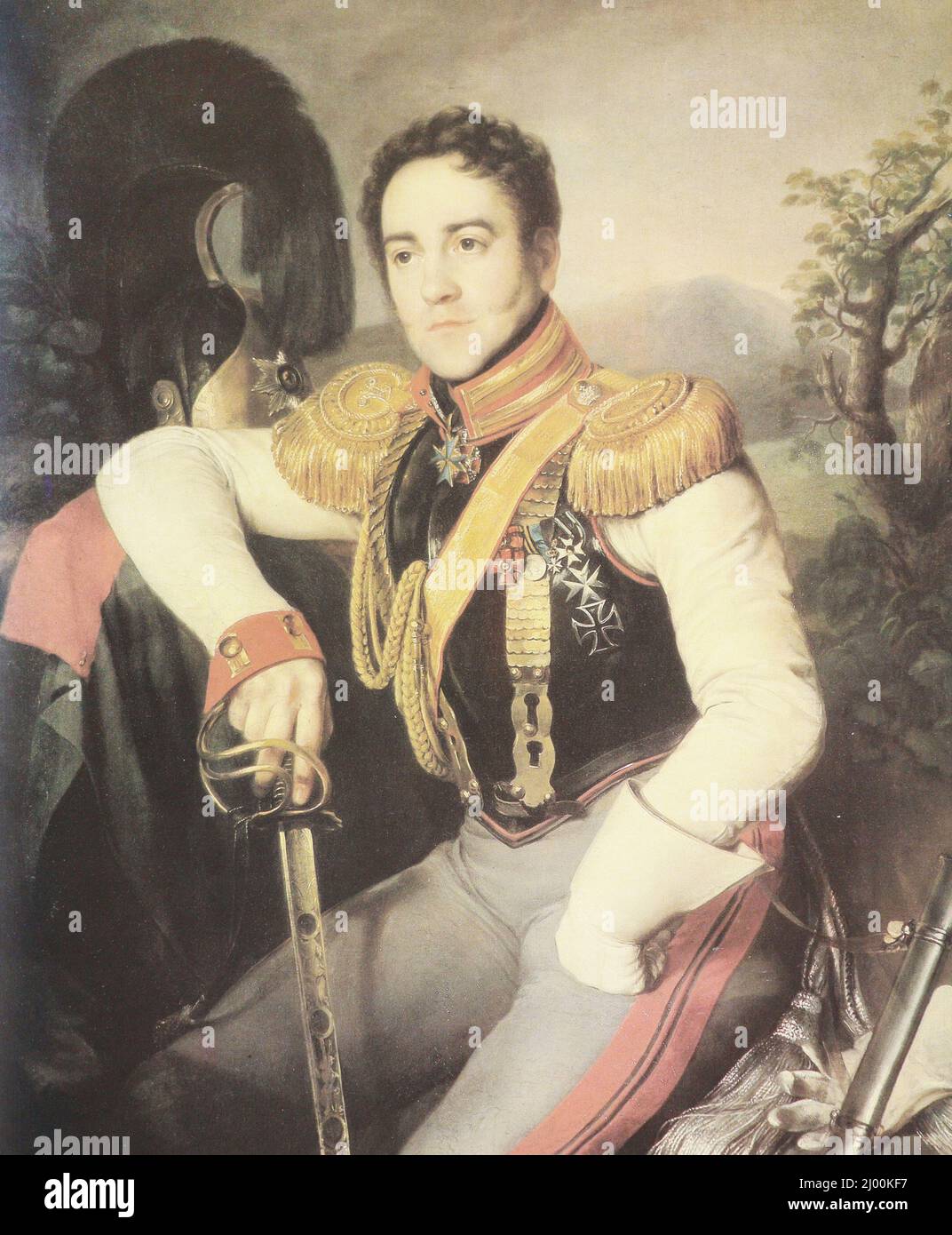 Porträt des Grafen A.S. Apraksin - Adjutant Flügel des Oberst der Rettungsgardisten Kavallerie Regiment des Russischen Reiches. Gemälde von 1827. Stockfoto