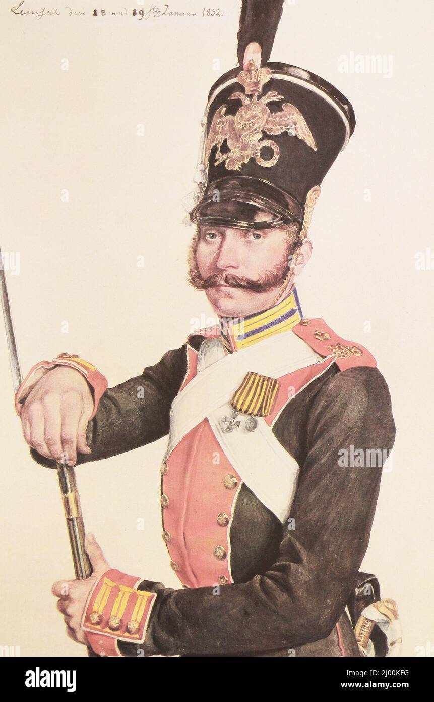 Porträt von K. Ekimenko - Privatlebenwärter Semjonowski-Regiment des Russischen Reiches. Gemälde von 1832. Stockfoto