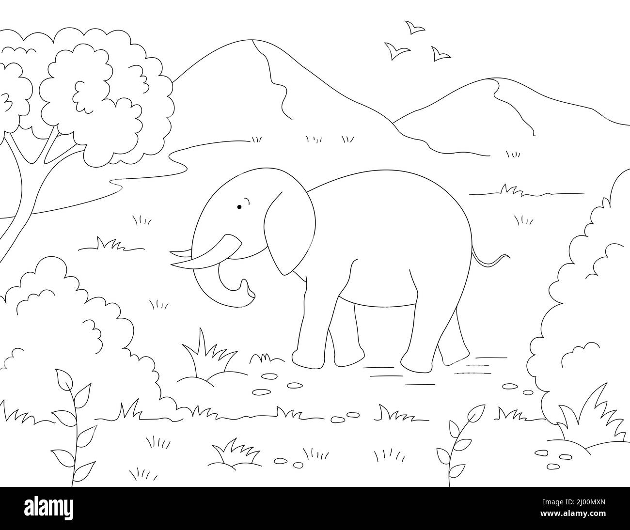 Szene mit Bergen, Vögeln und einem Elefanten beim Gehen. Schwarz-weiß Umrisszeichnung Stockfoto