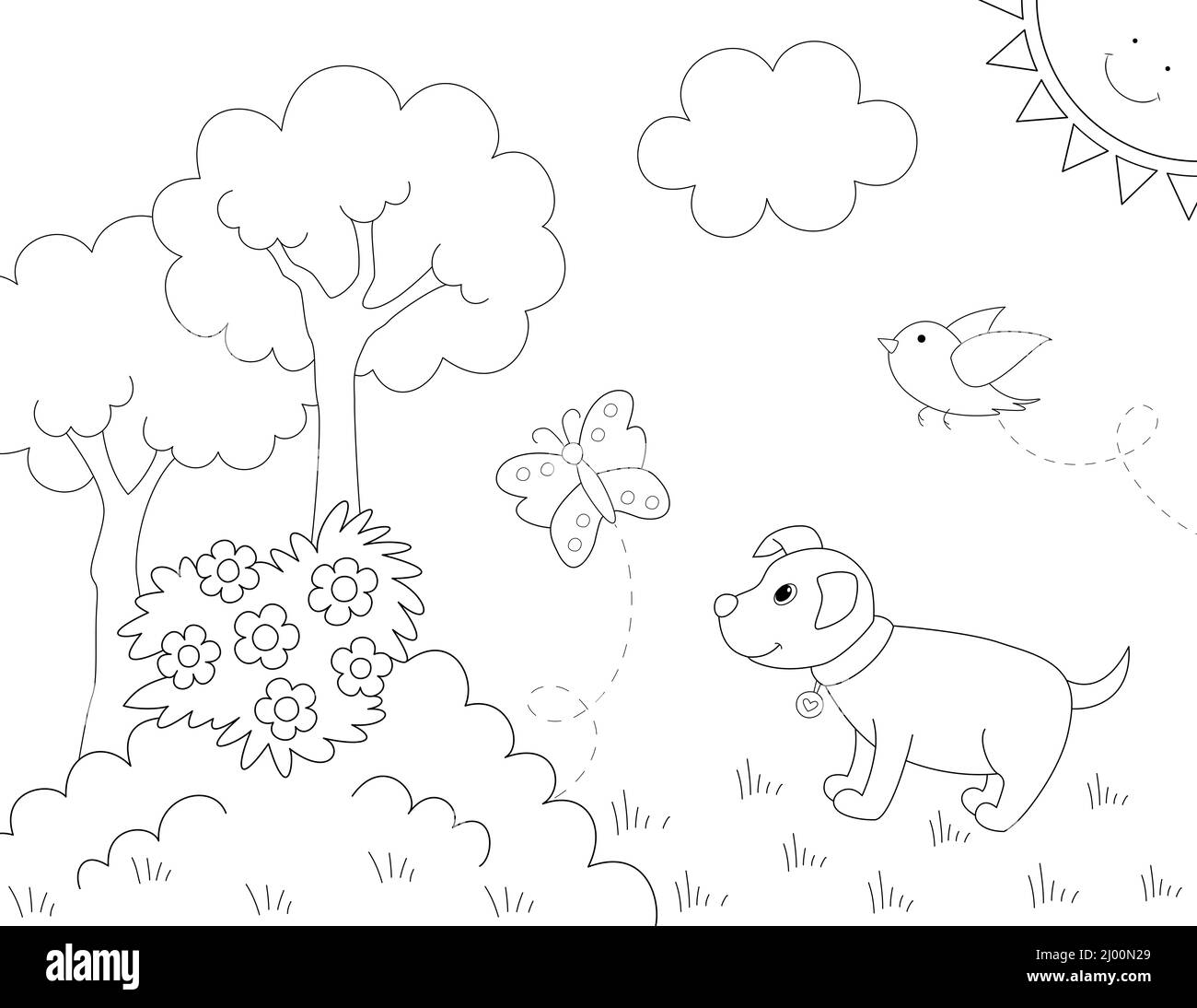 Happy Puppy im Garten. Malvorlagen für Kinder eines niedlichen Hundes spielen mit einem Schmetterling. Cartoon skizzieren Zeichnung Stockfoto