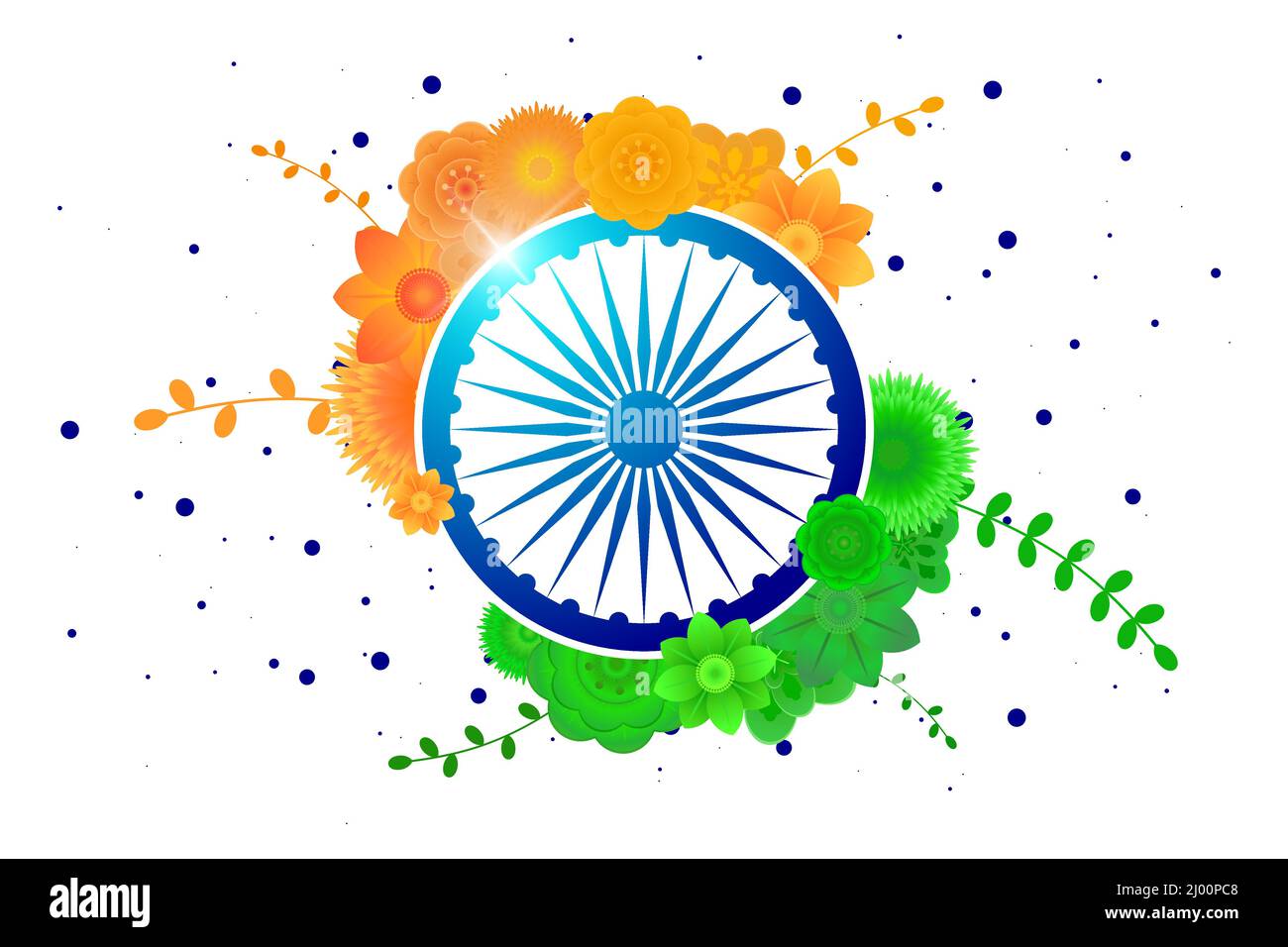 Indianer Unabhängigkeit 15 august oder republic Day 26 januar Banner. Nationaler Urlaubsflyer für Indien. Zelebration Poster von Blumen in Fahnenfarben mit Rad-Symbol. Vektorgrafik Stock Vektor