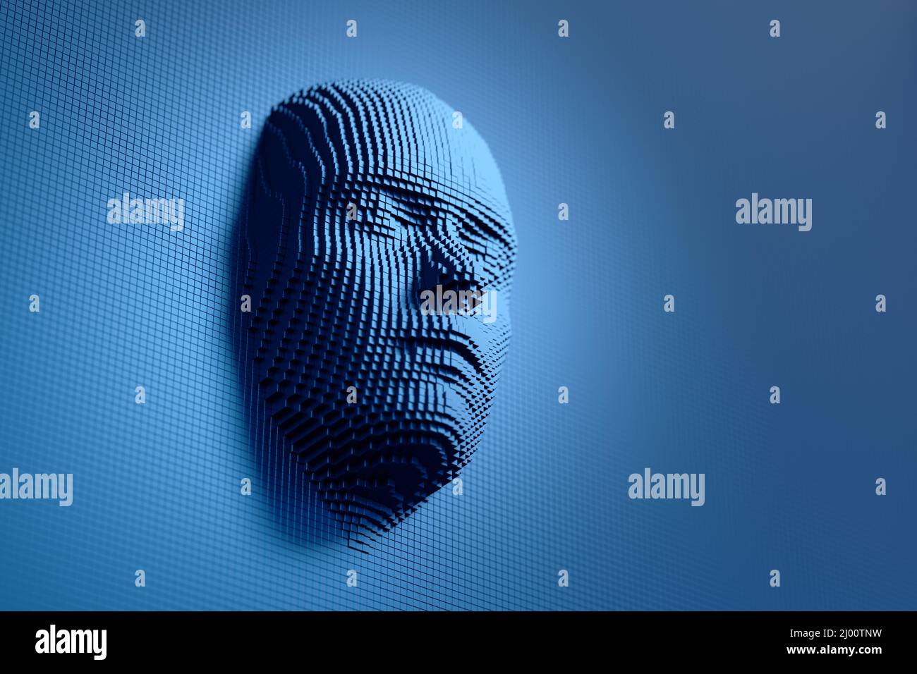 Menschliches Gesicht aus blauen Würfeln. Konzept der künstlichen Intelligenz. 3d-Illustration. Stockfoto