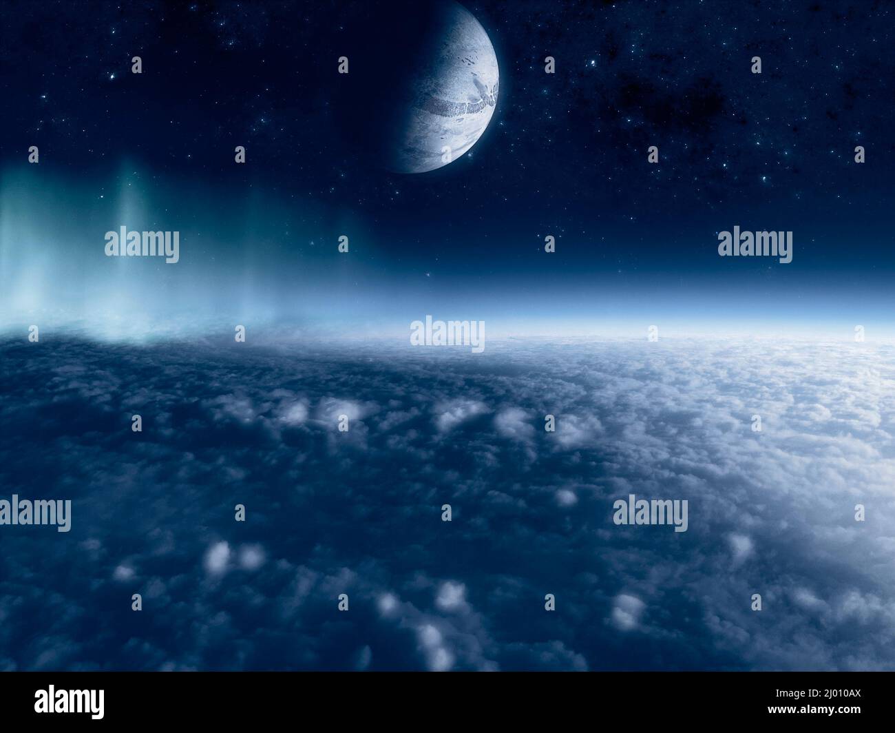 Sci-Fi-Landschaft. Exoplanet von einem seiner Monde aus gesehen. Satelliten eines außerirdischen Planeten. Wolken und Atmosphäre eines Mondes in der Nähe eines Planeten. 3D RE Stockfoto