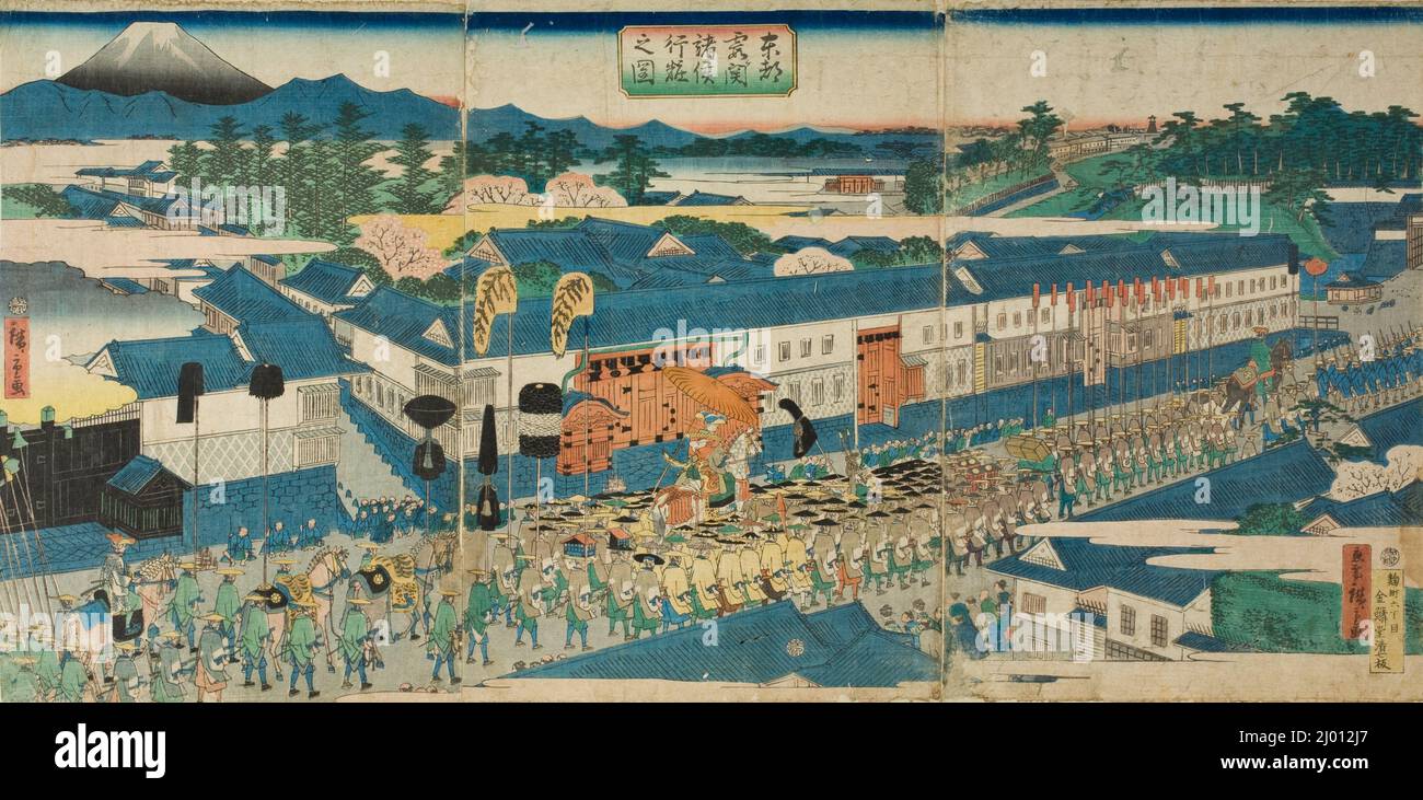 Daimyo-Prozession in Kasumigaseki in Edo. Utagawa Hiroshige II. (Japan, 1826-1869). Vierter Monat 1863. Ausdrucke. Triptychon mit farbigem Holzblkokmuster Stockfoto